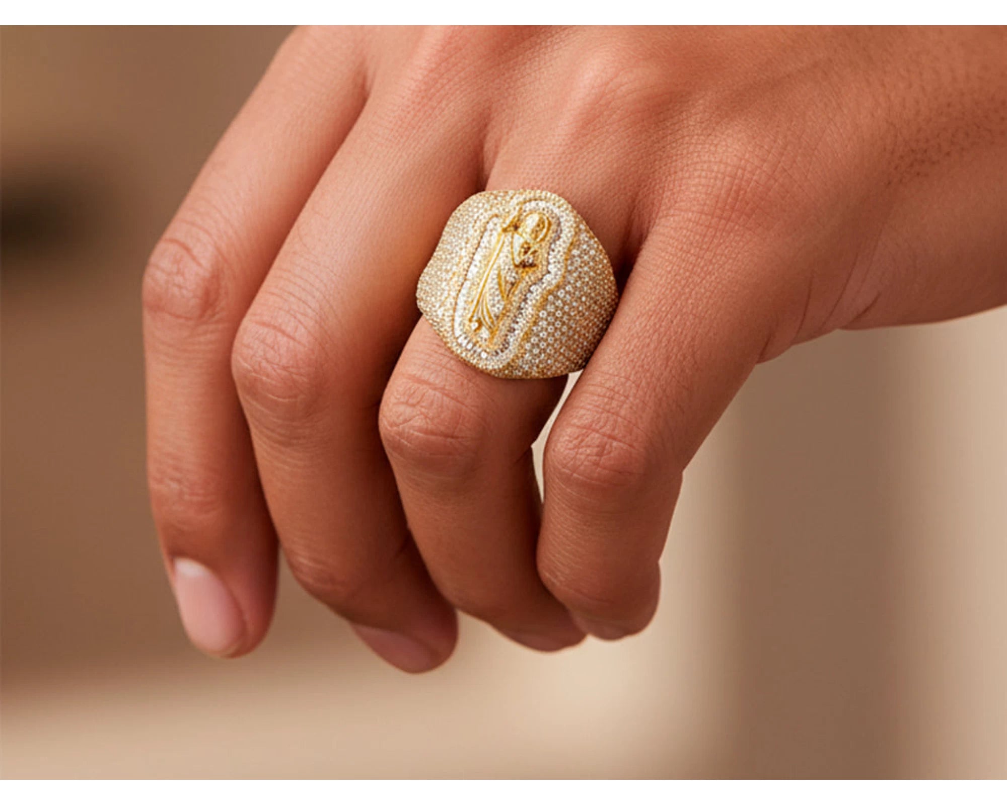 10K Gold Diamond Saint Medallion Ring with Pavé & Baguette 3.75ct – view 2