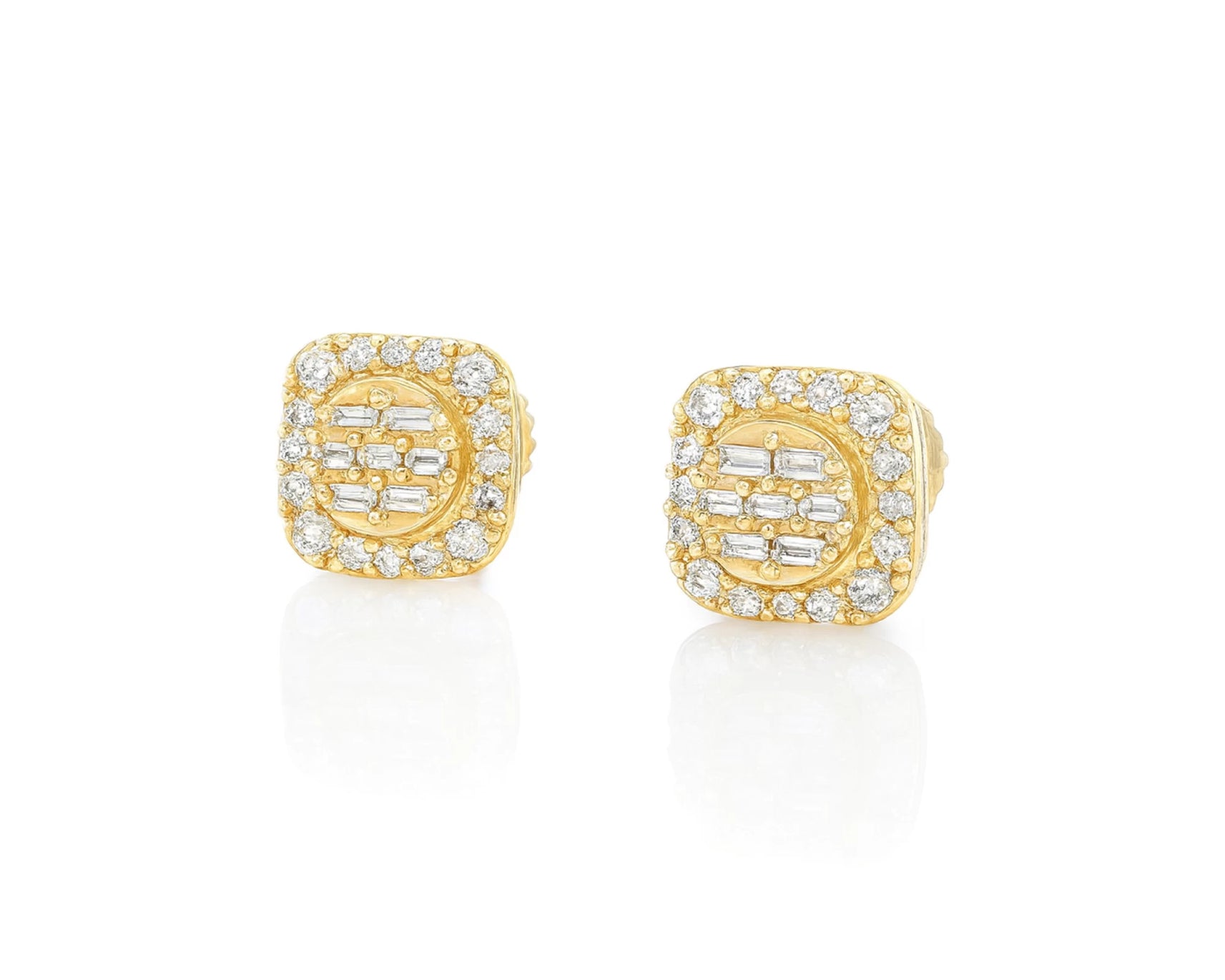 10K Gold Diamond Square Stud Earrings with Baguette & Pavé Accents 0.35 CT – lifestyle 3533