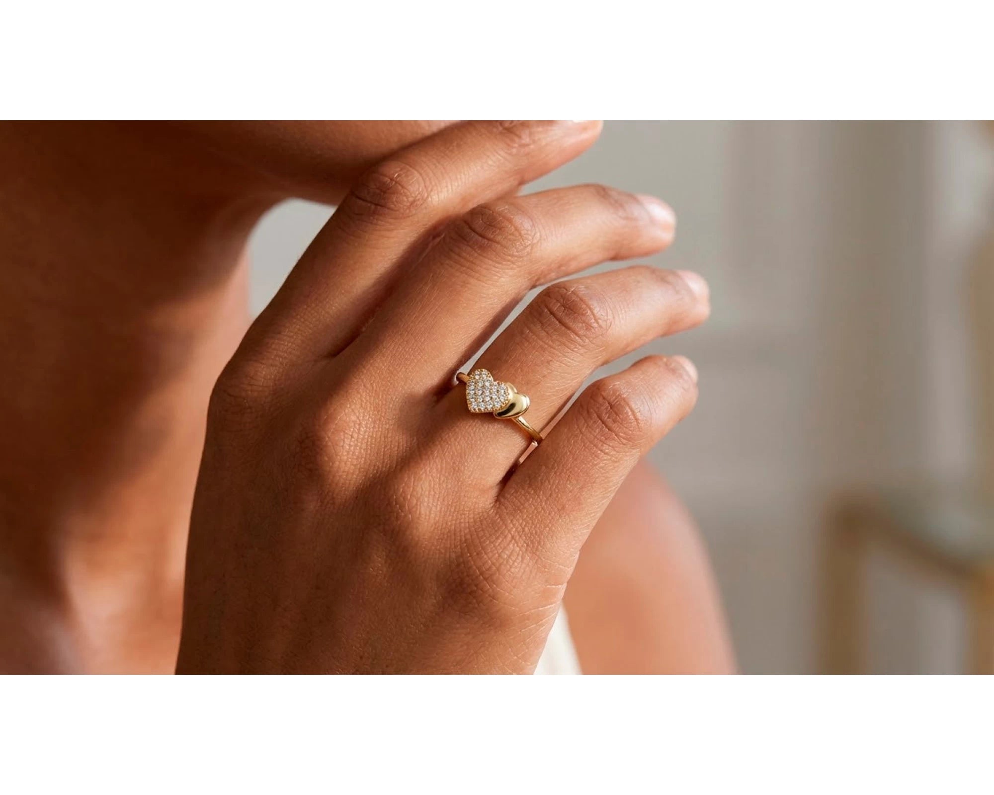10K Gold Double Heart Pavé Cubic Zirconia Ring – view 2