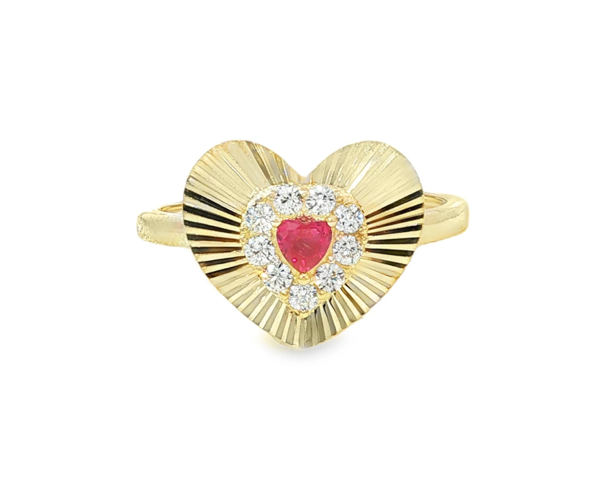 10K Gold Heart Halo Ring with Red Cubic Zirconia Center – lifestyle 2870