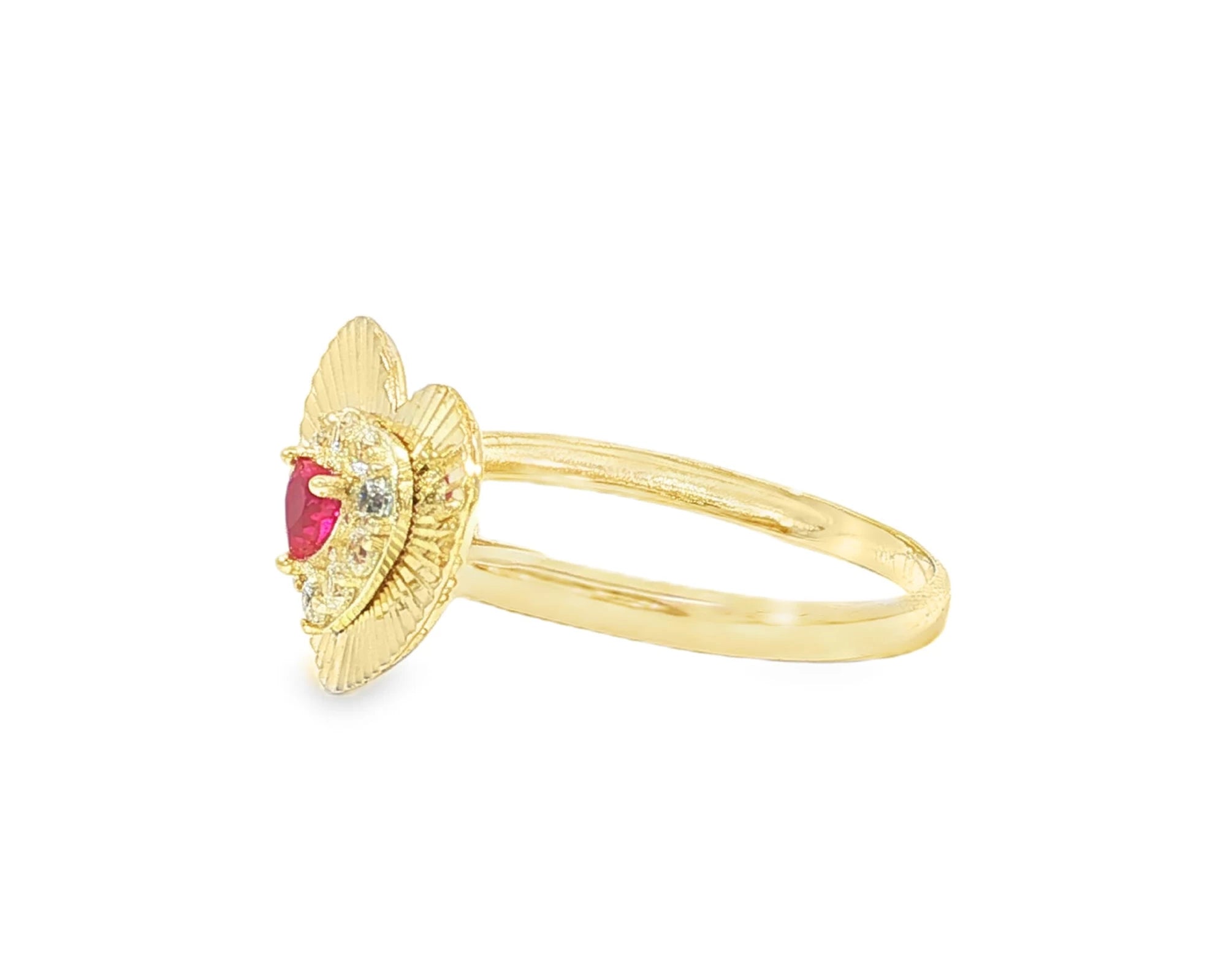 10K Gold Heart Halo Ring with Red Cubic Zirconia Center – lifestyle 2873