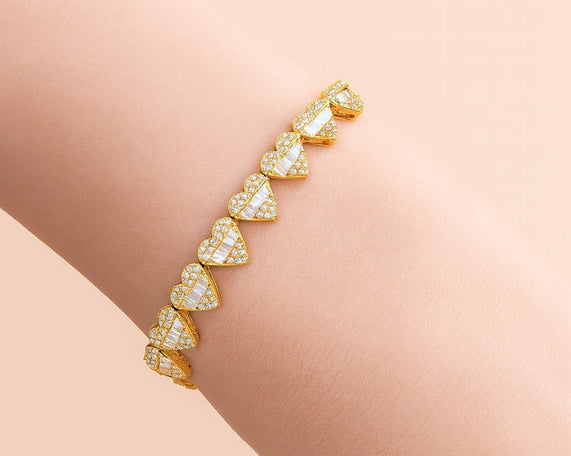 10k Gold Heart - Link Diamond Bracelet with Baguette & Round Diamonds 1.91ct - AVI THE JEWELER