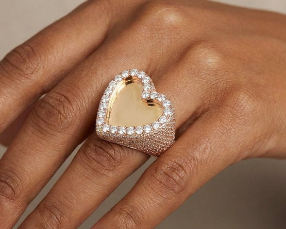 10k Gold Heart Memory Photo Ring with Round Diamonds 4.3 ct - AVI THE JEWELER