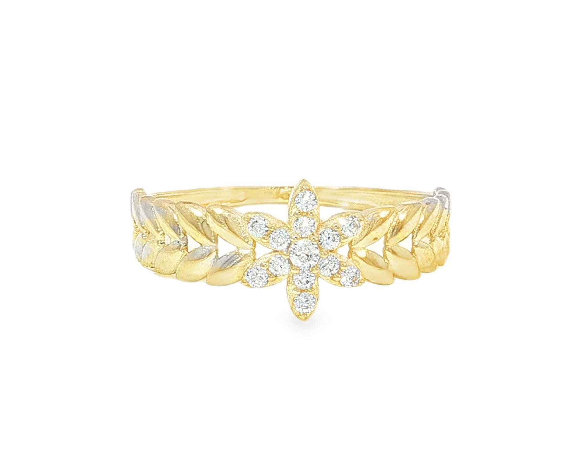 10K Gold Leaf Band Ring with Pavé Cubic Zirconia Floral Center – lifestyle 2943