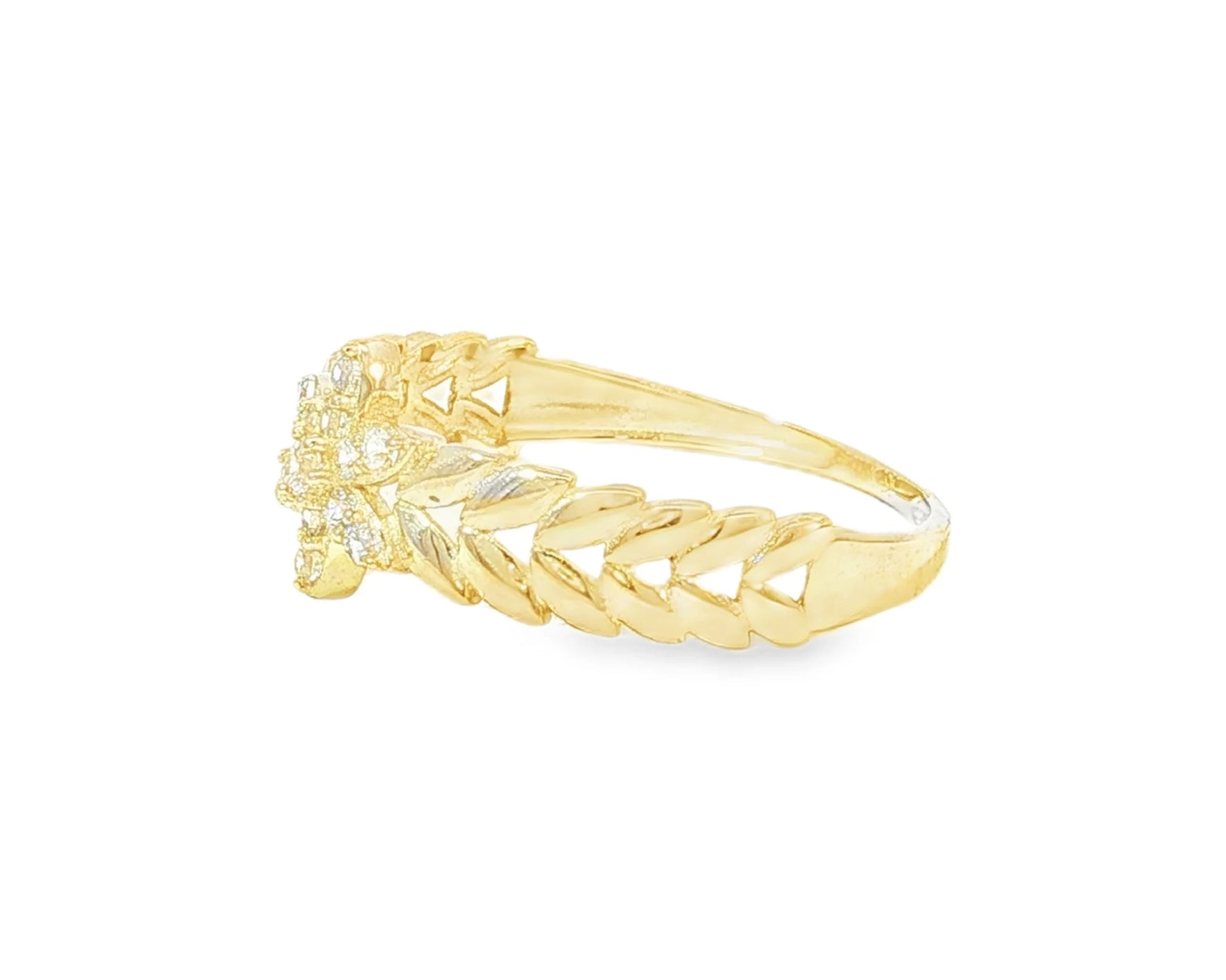 10K Gold Leaf Band Ring with Pavé Cubic Zirconia Floral Center – lifestyle 2944