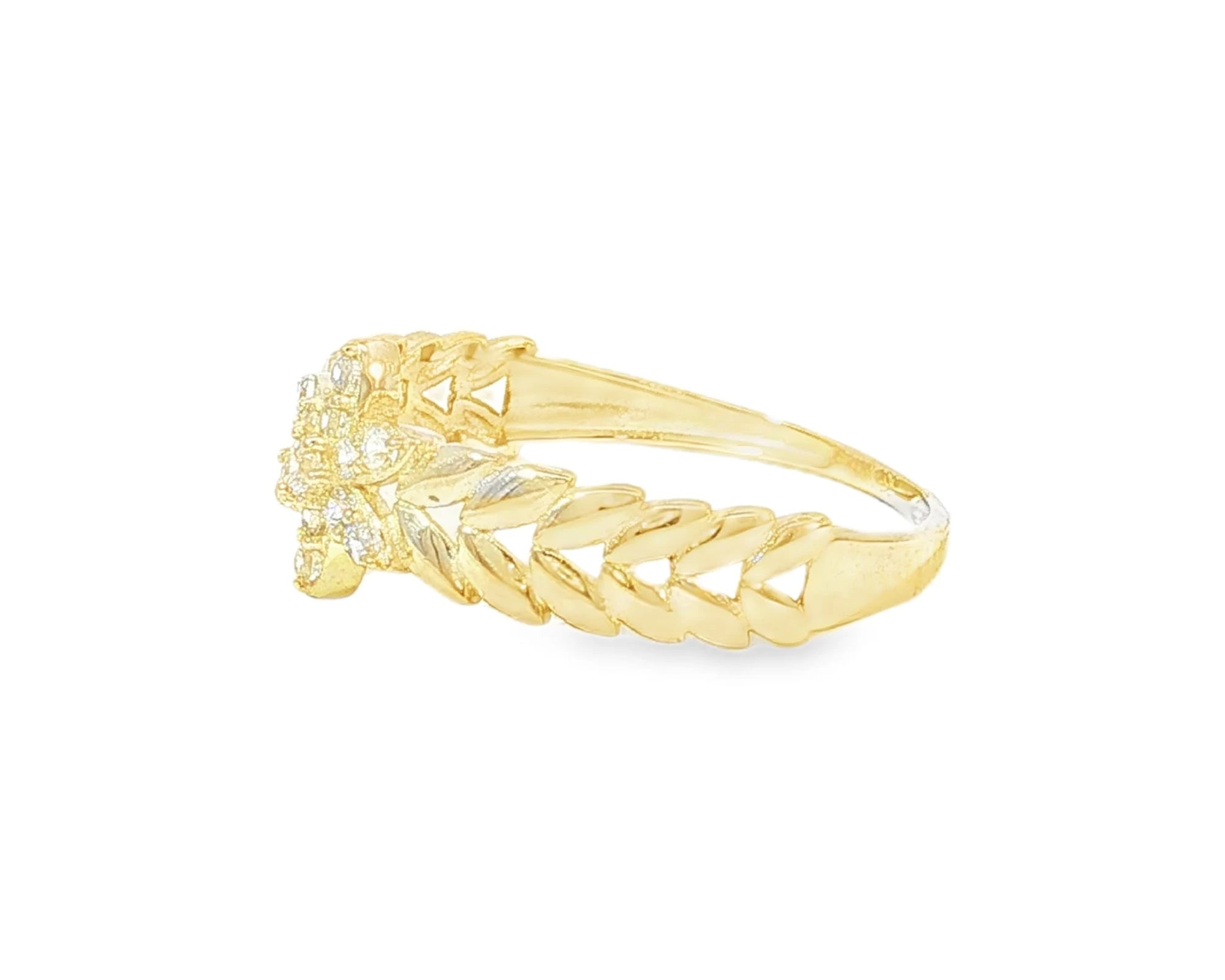 10K Gold Leaf Band Ring with Pavé Cubic Zirconia Floral Center – lifestyle 2944