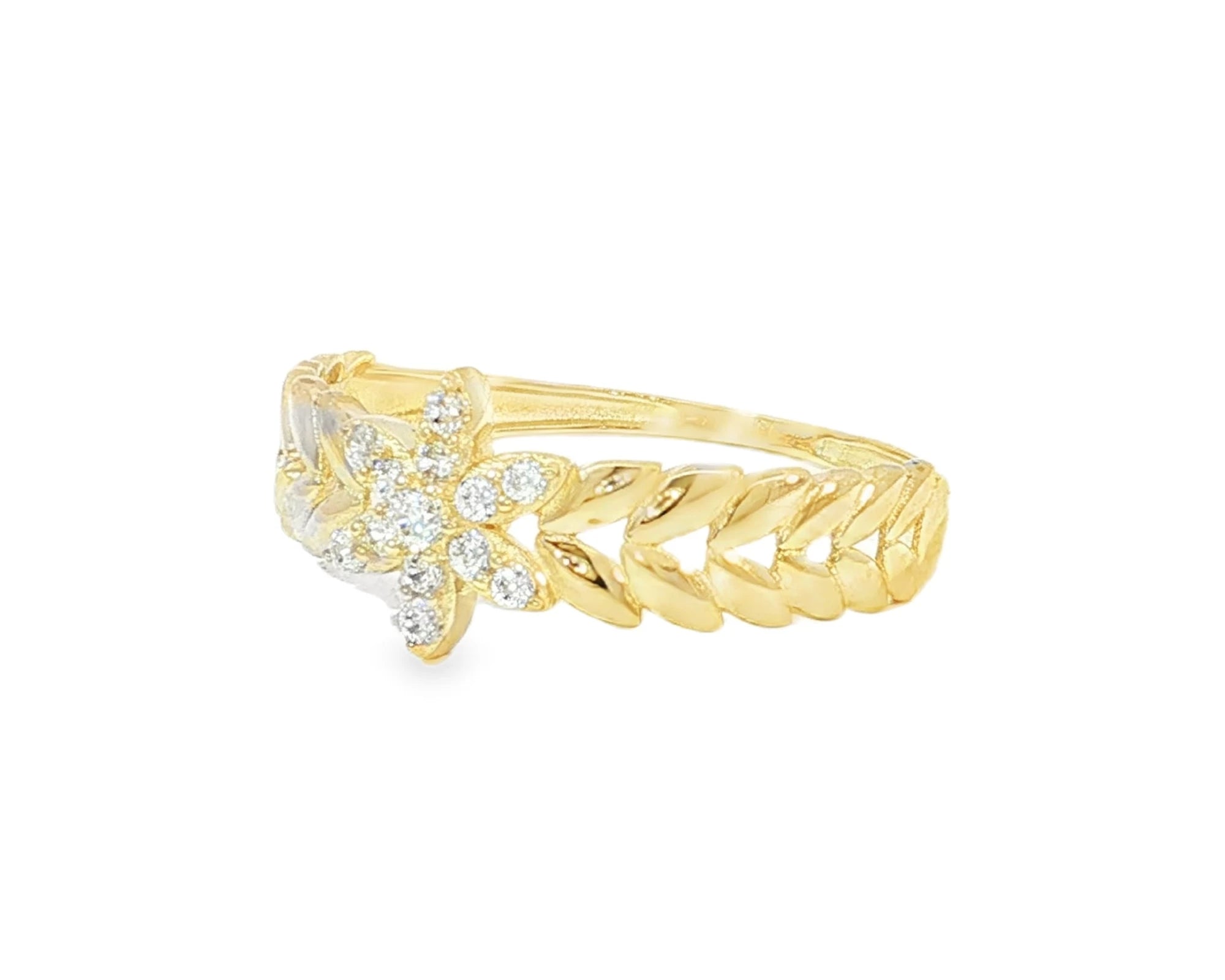 10K Gold Leaf Band Ring with Pavé Cubic Zirconia Floral Center – lifestyle 2947
