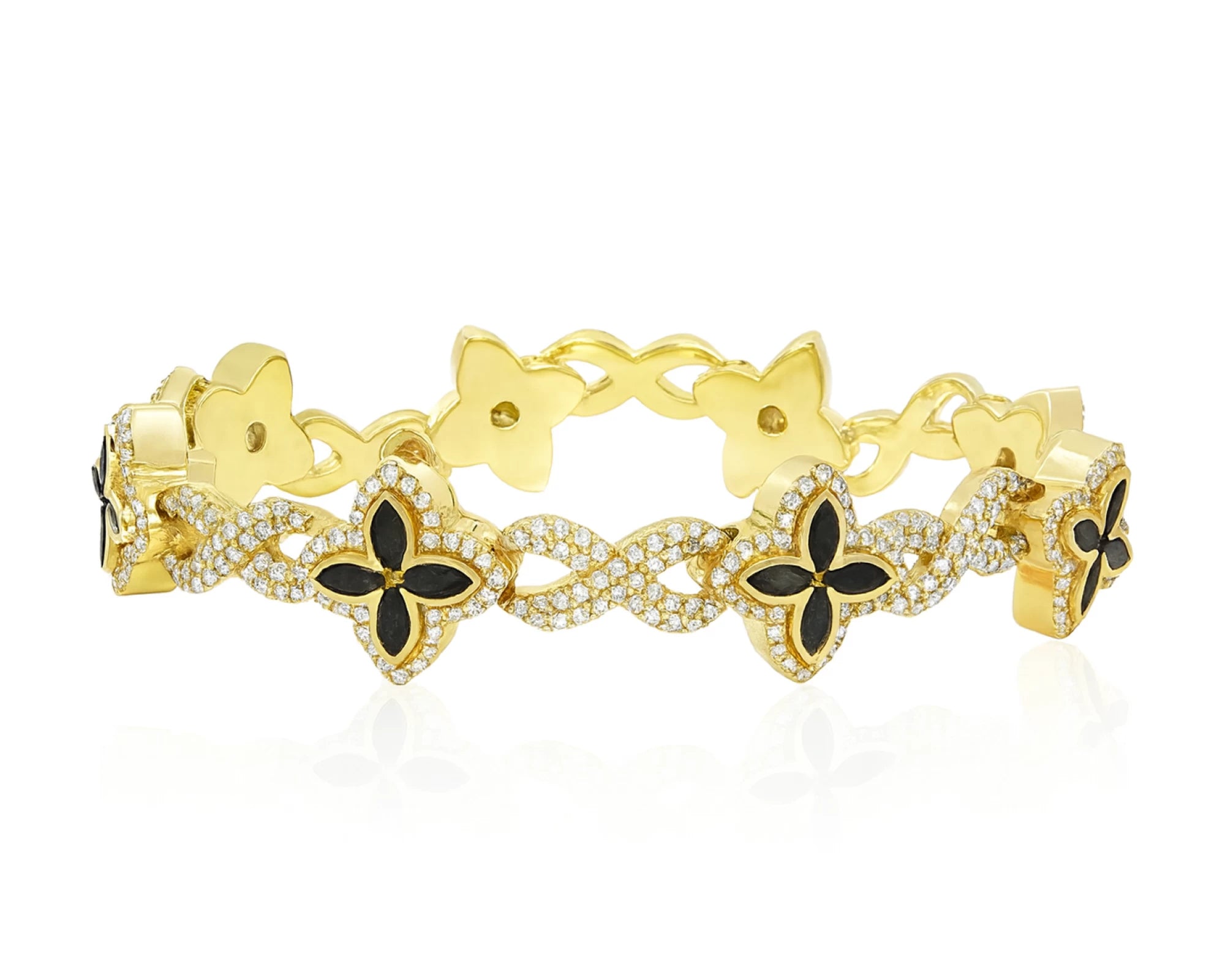 10K Gold Men’s Floral Link Bracelet with Black Ruby & Diamond Pavé 3.75 CT – lifestyle 4348