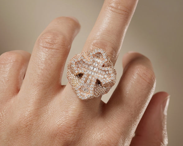 10k Gold Natural Diamond Cross Design Ring with Baguette & Round Accents 3.25ct