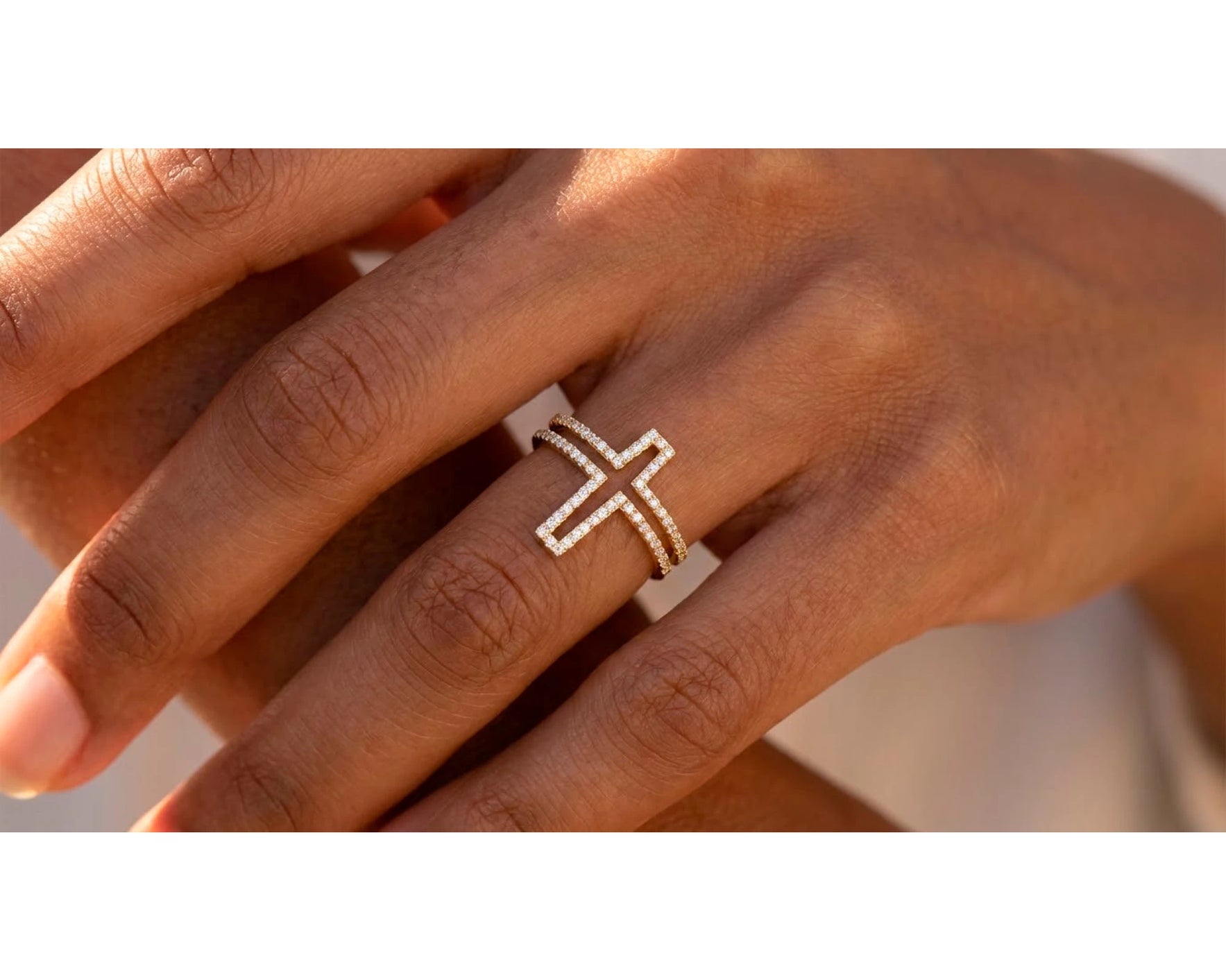 10K Gold Open Cross Ring with Pavé Cubic Zirconia Accents – view 2