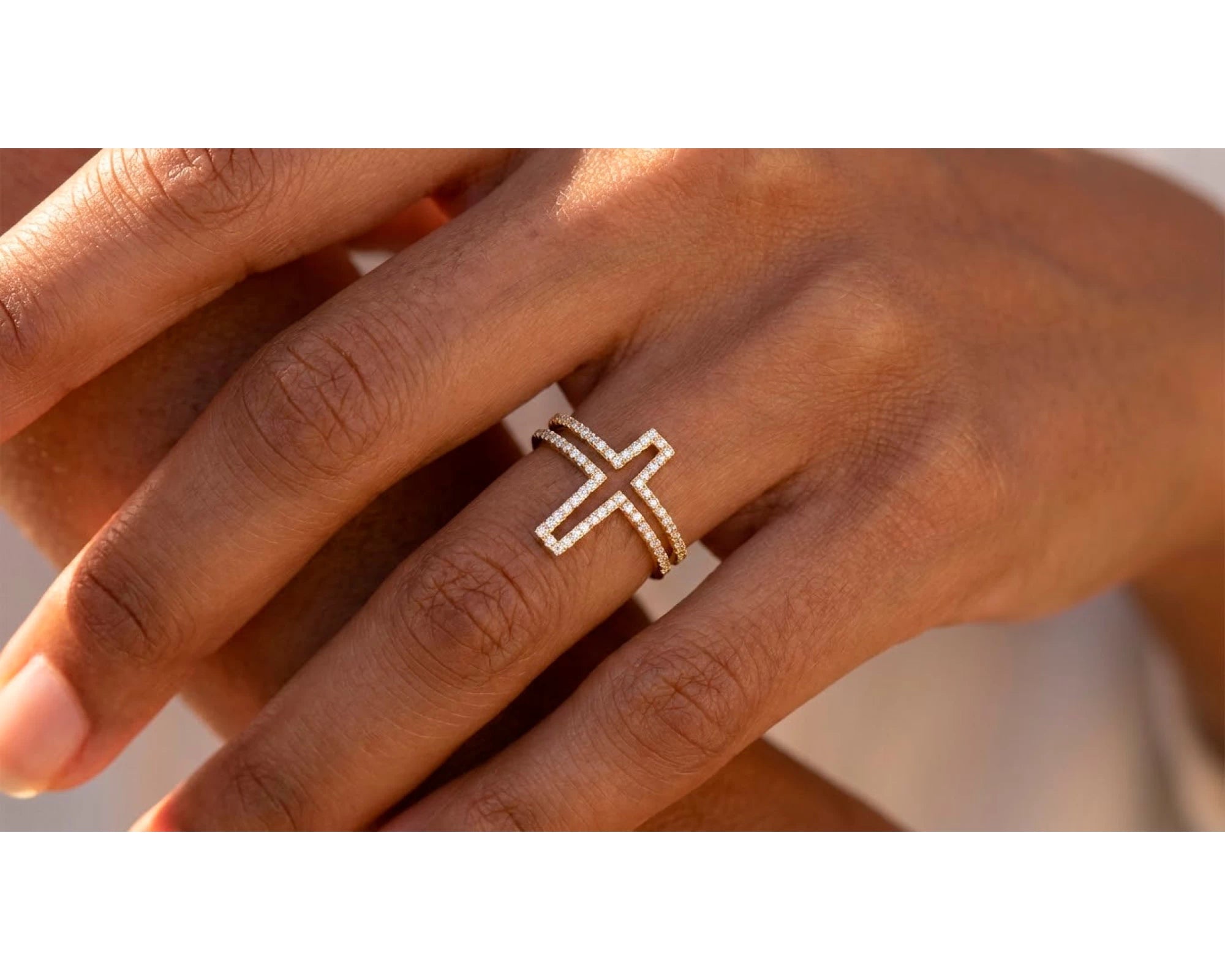10K Gold Open Cross Ring with Pavé Cubic Zirconia Accents – view 2