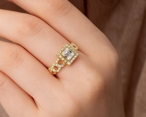 10k Gold Square - Halo Cuban - Link Diamonds Ring 0.55ct - AVI THE JEWELER