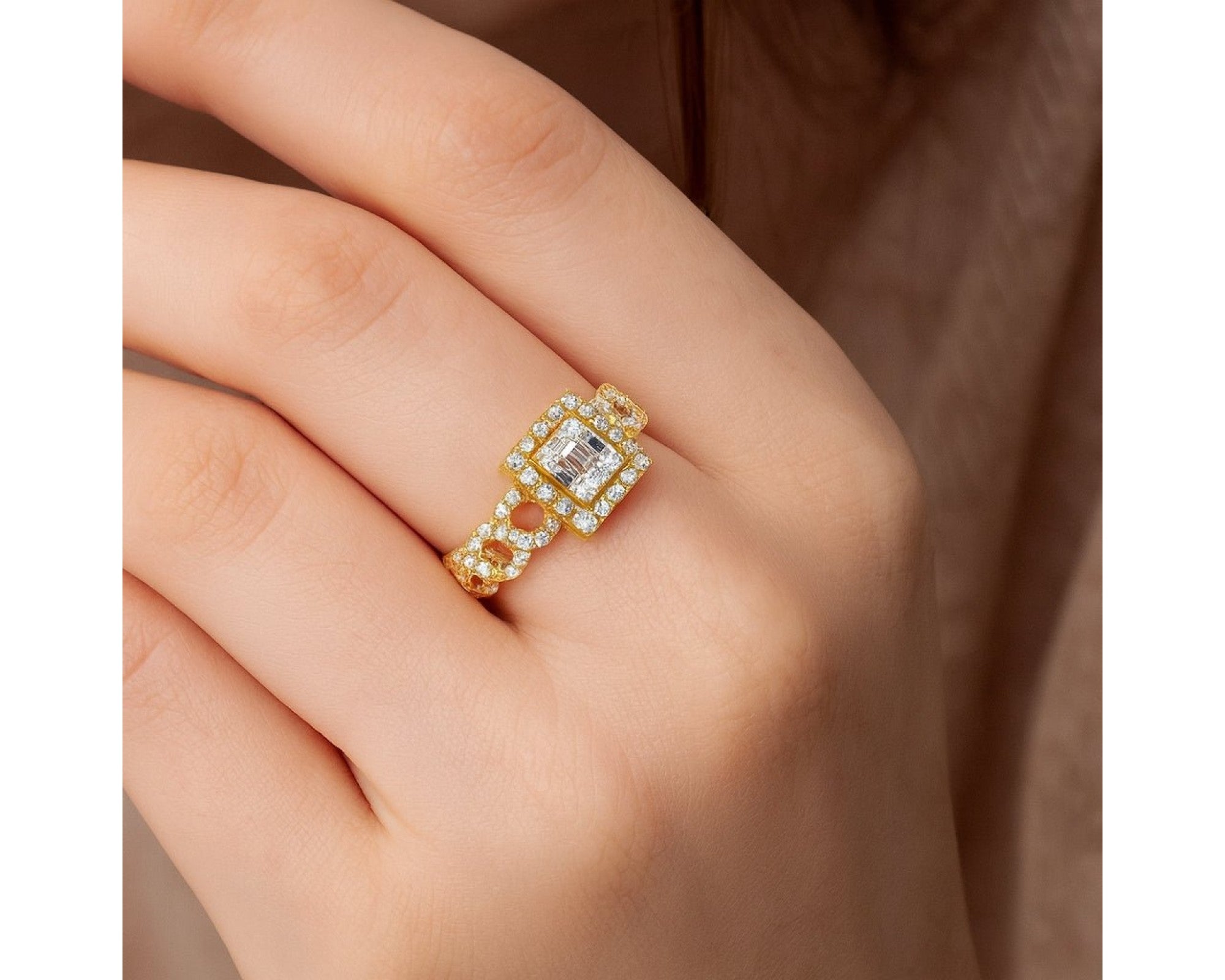 10k Gold Square-Halo Cuban-Link Diamonds Ring 0.55ct – view 2