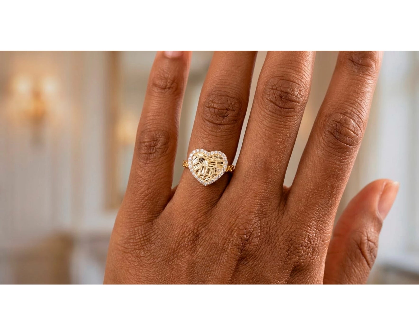 10K Gold Textured Open Heart Cubic Zirconia Ring – view 2