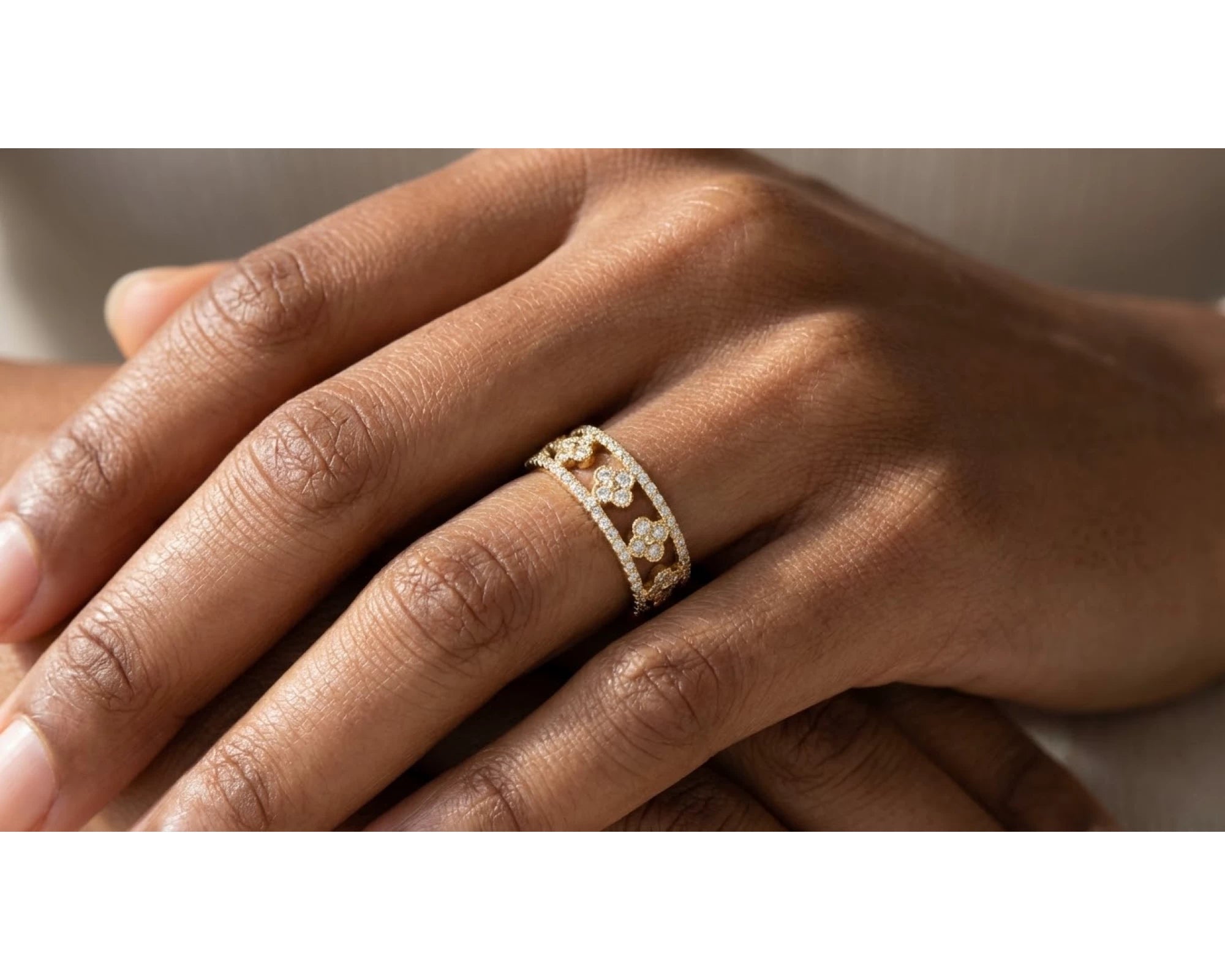 10K Gold Wide Filigree Band with Pavé Cubic Zirconia Accents – view 2