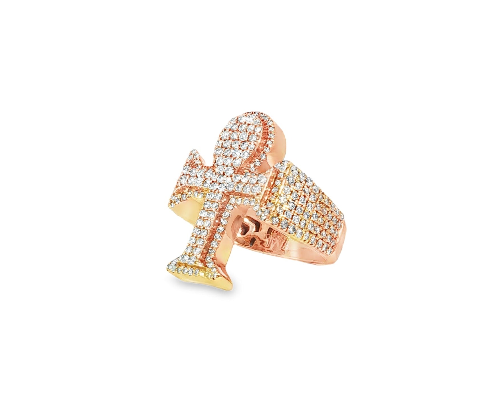 10k Rose Gold Ankh Cross Diamond Ring with Full Round Cut 2.50ct - AVI THE JEWELER