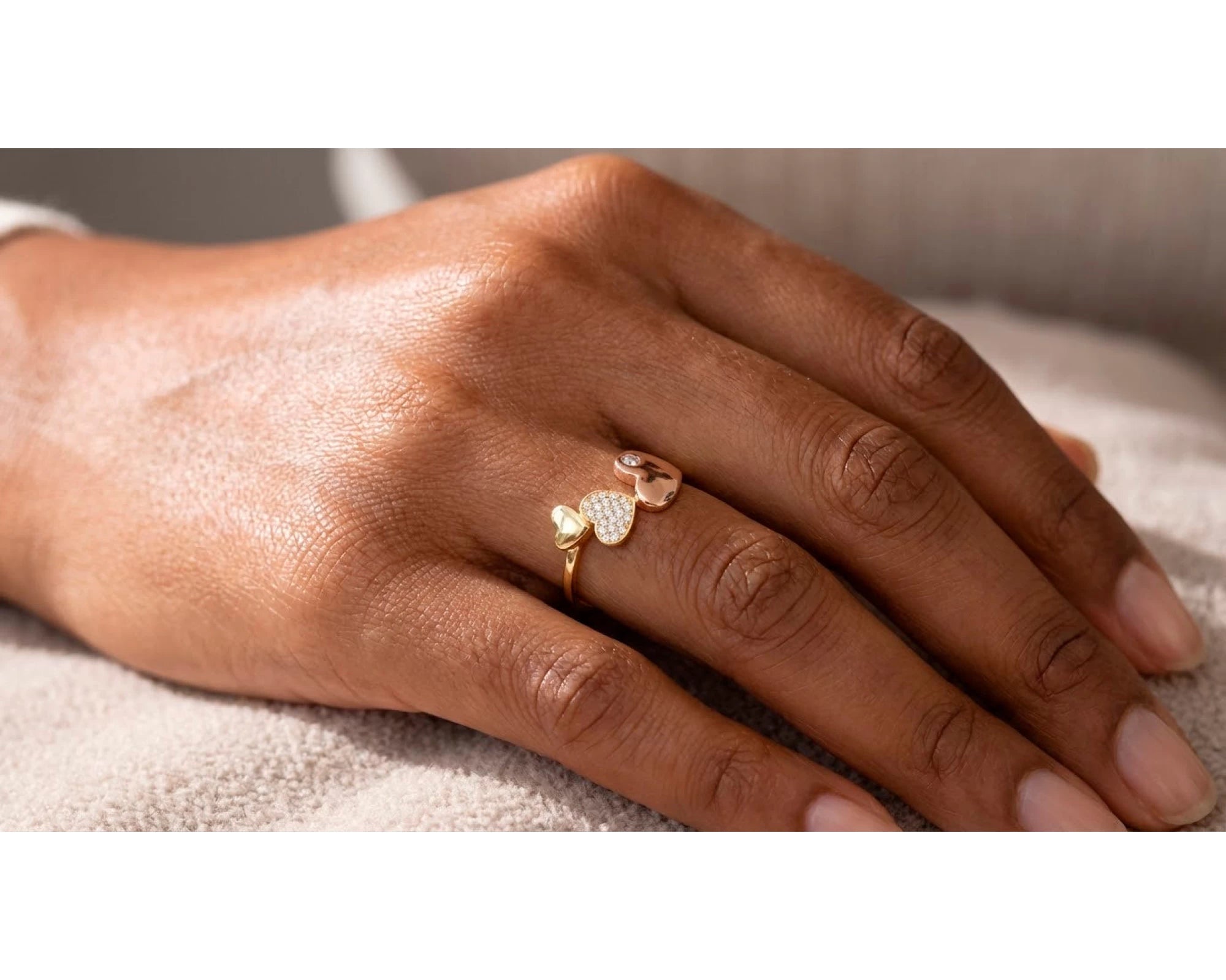 10K Two-Tone Gold Three Heart Ring with Zirconia Accents – view 2