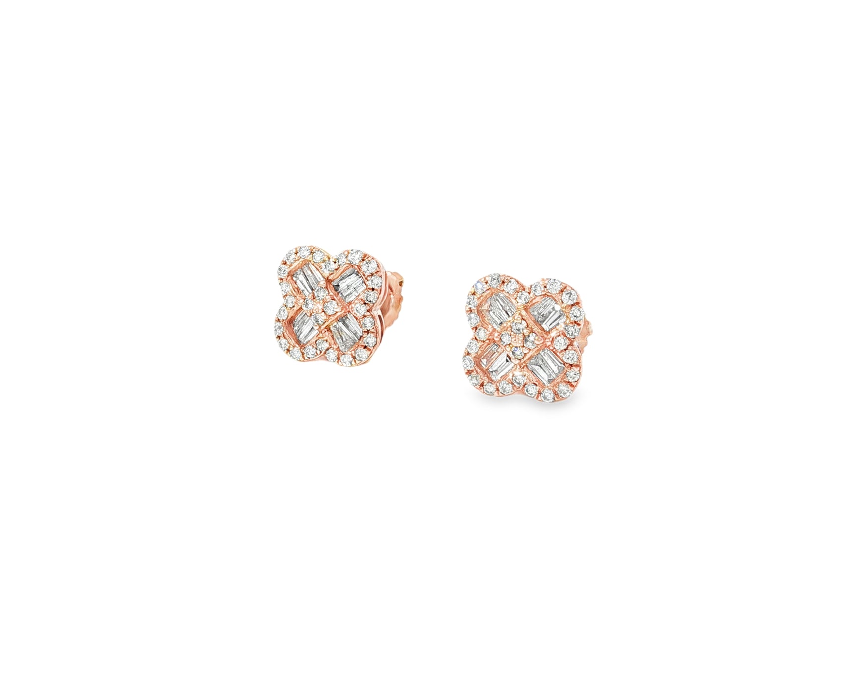 10K Gold Diamond Clover Stud Earrings with Baguette Accents 0.50 CT