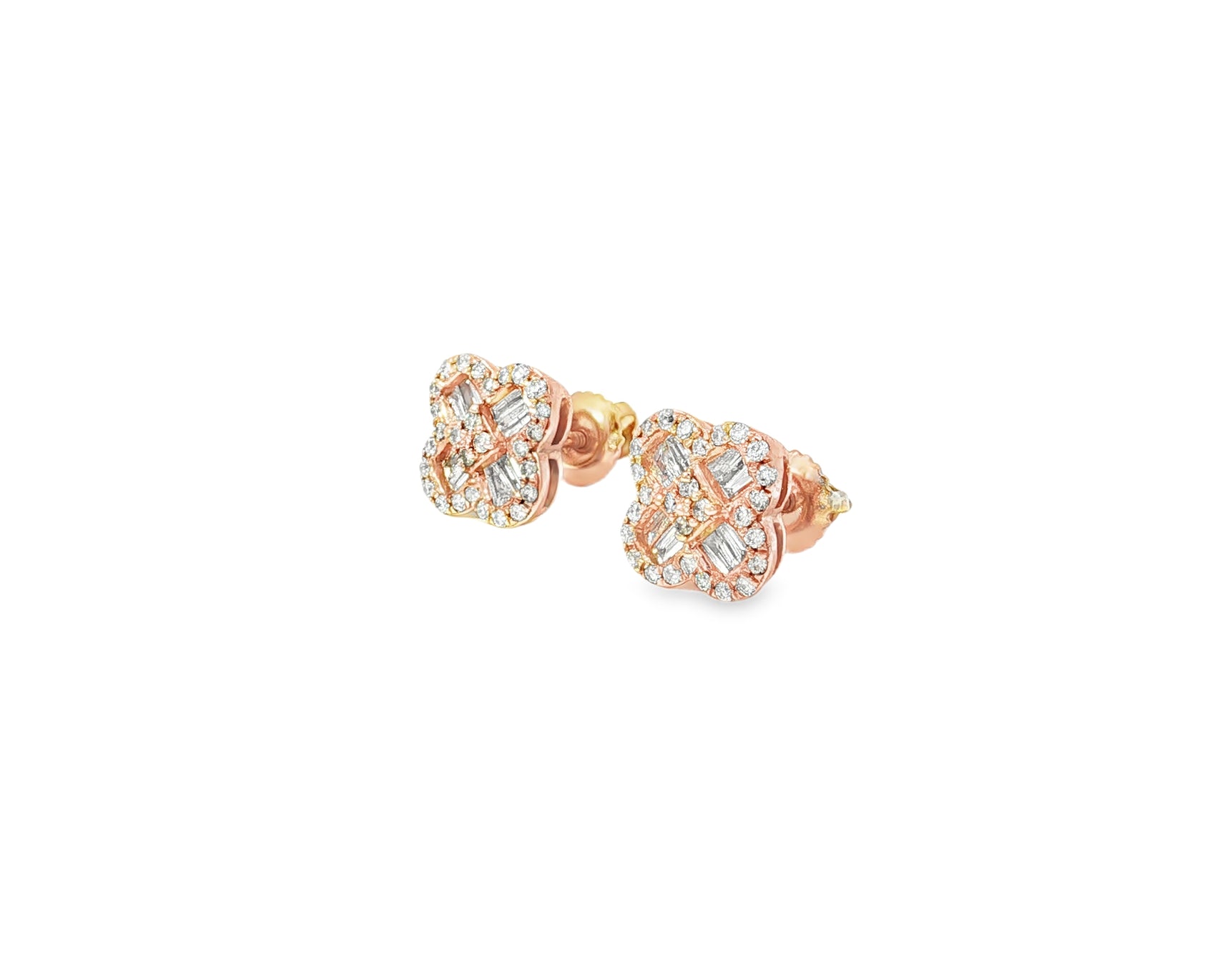 10K Gold Diamond Clover Stud Earrings with Baguette Accents 0.50 CT