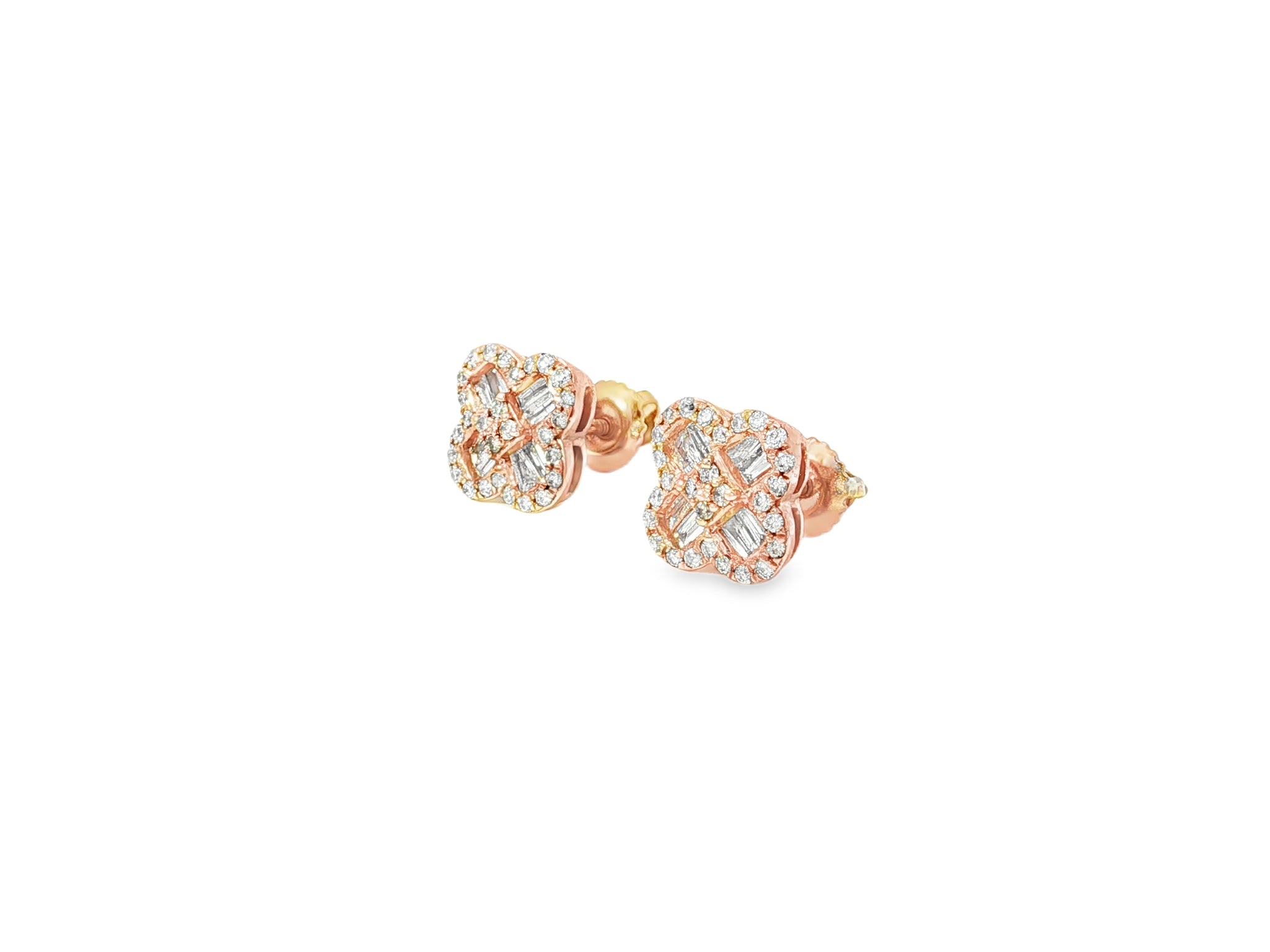 10K Gold Diamond Clover Stud Earrings with Baguette Accents 0.50 CT