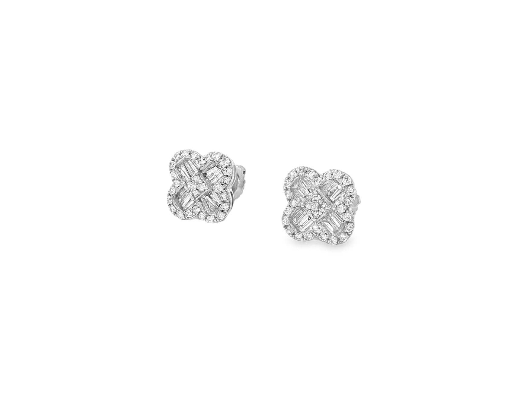 10K Gold Diamond Clover Stud Earrings with Baguette Accents 0.50 CT