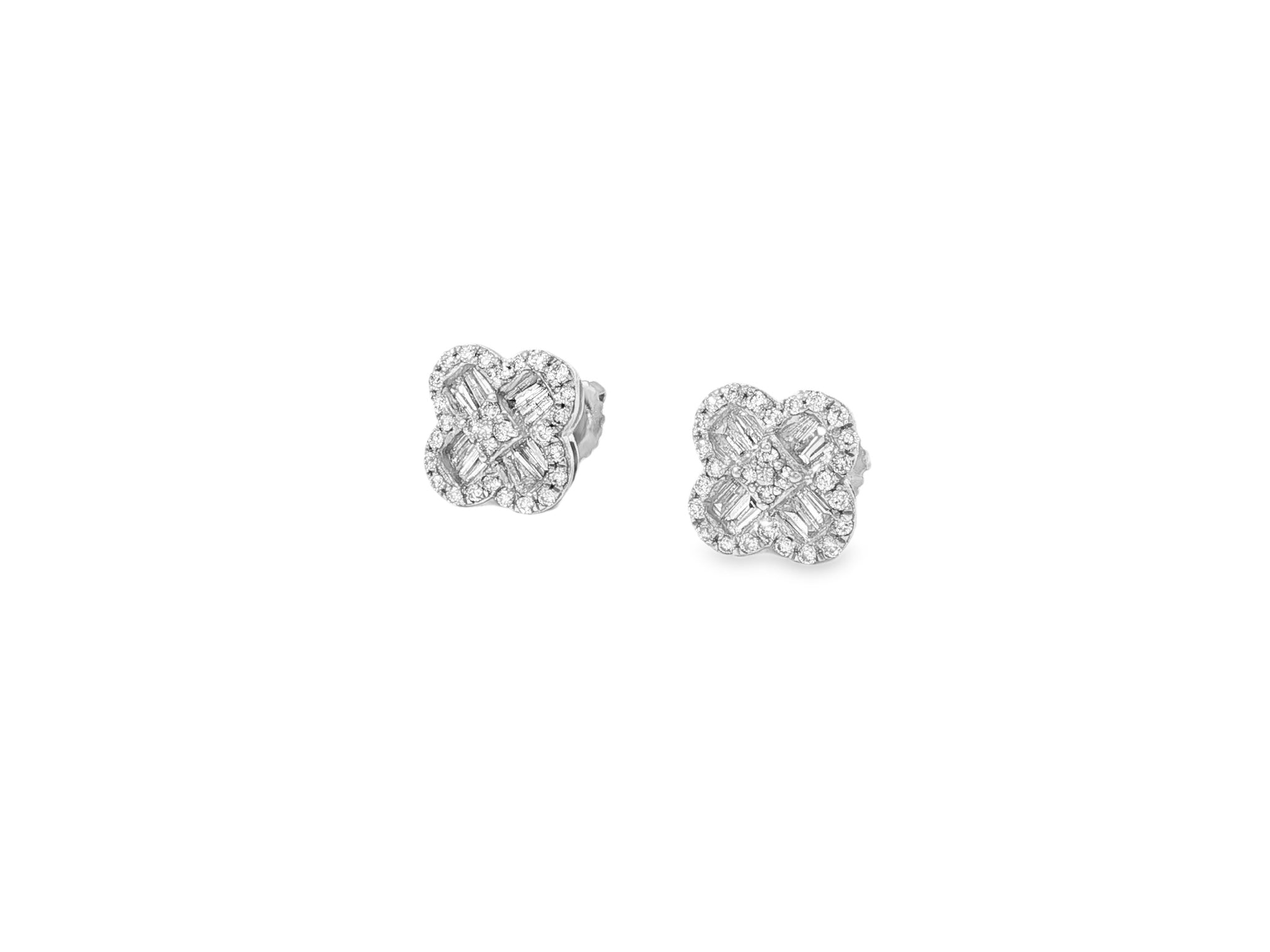 10K Gold Diamond Clover Stud Earrings with Baguette Accents 0.50 CT