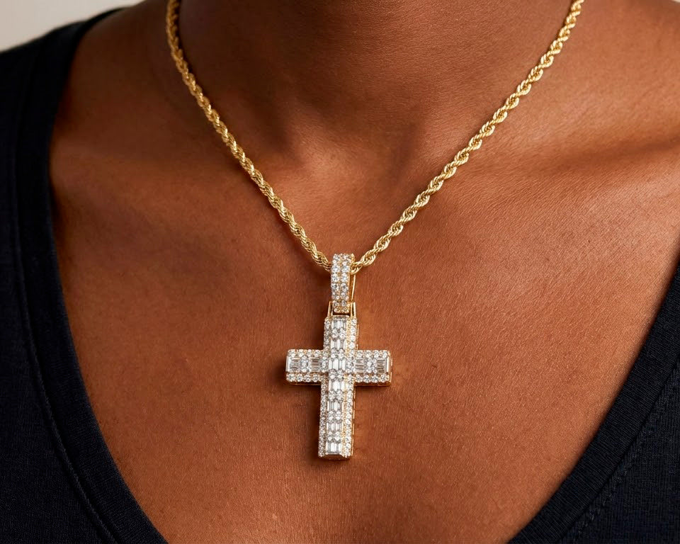 10k Gold Diamond Cross Pendant with Baguette Core 1.30ct