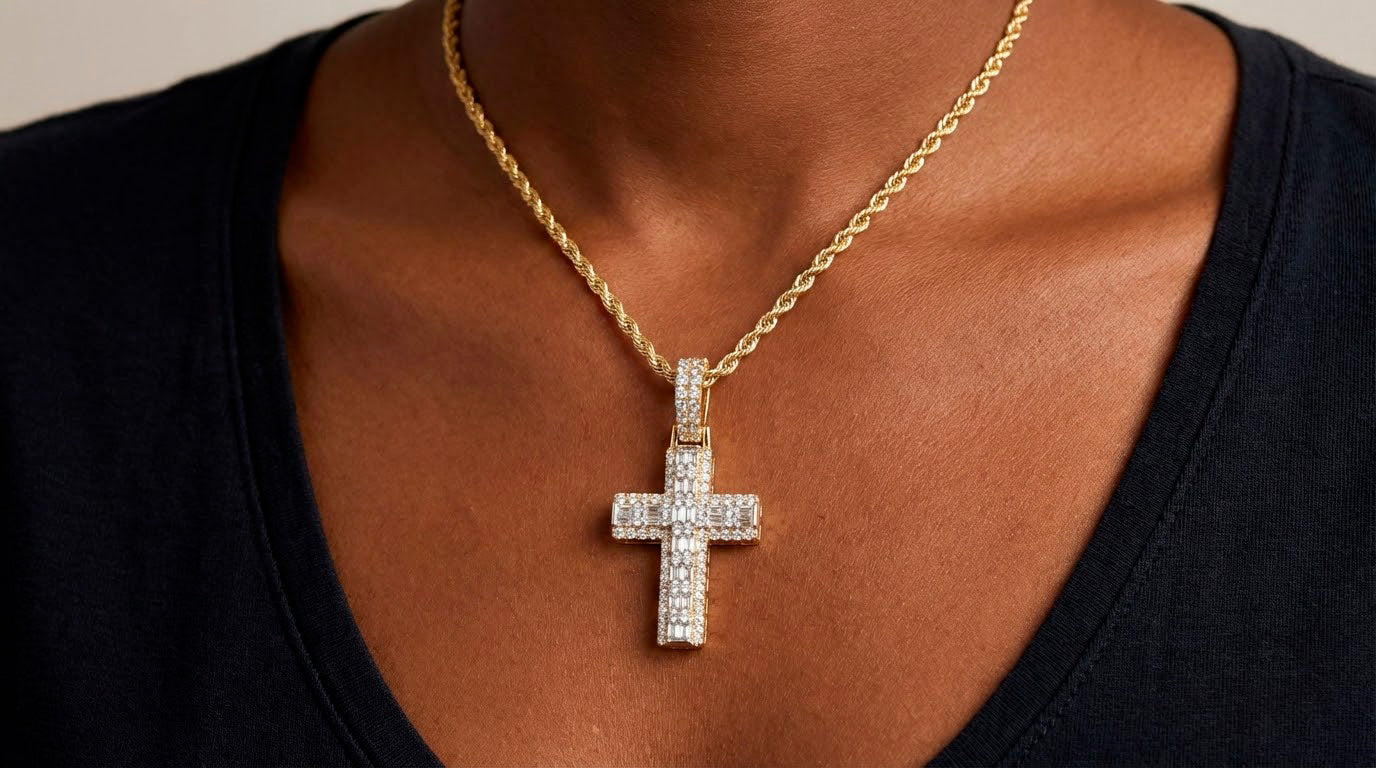 10k Gold Diamond Cross Pendant with Baguette Core 1.30ct