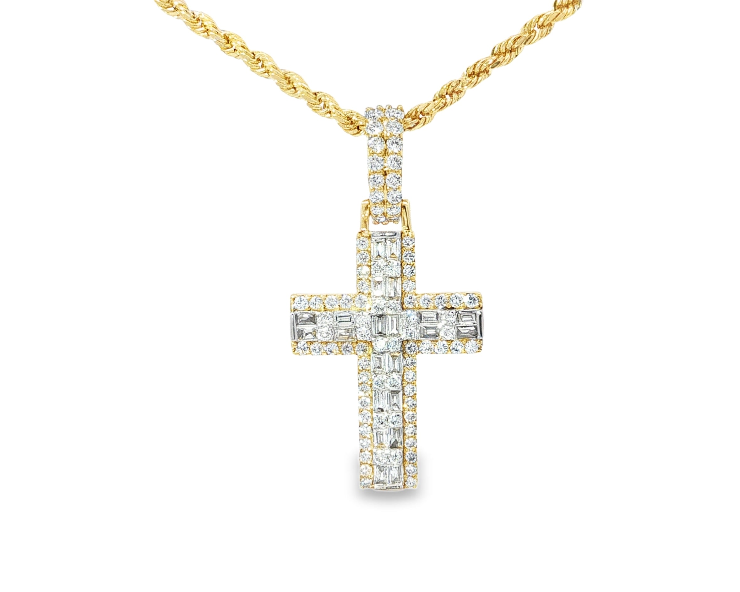 10k Gold Diamond Cross Pendant with Baguette Core 1.30ct