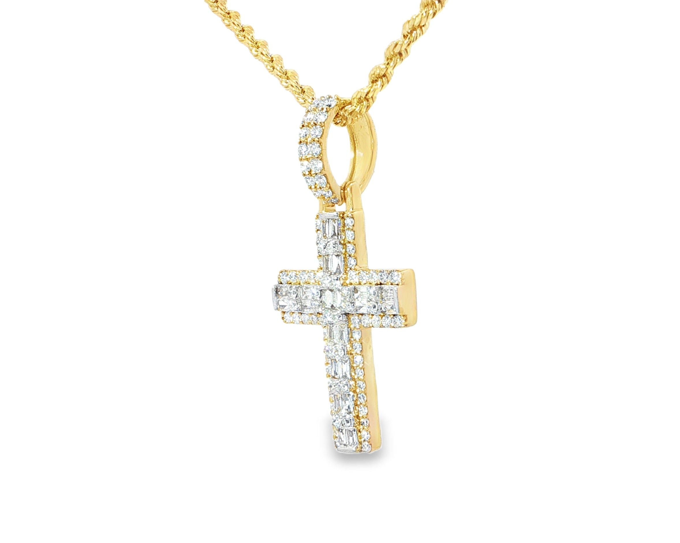10k Gold Diamond Cross Pendant with Baguette Core 1.30ct