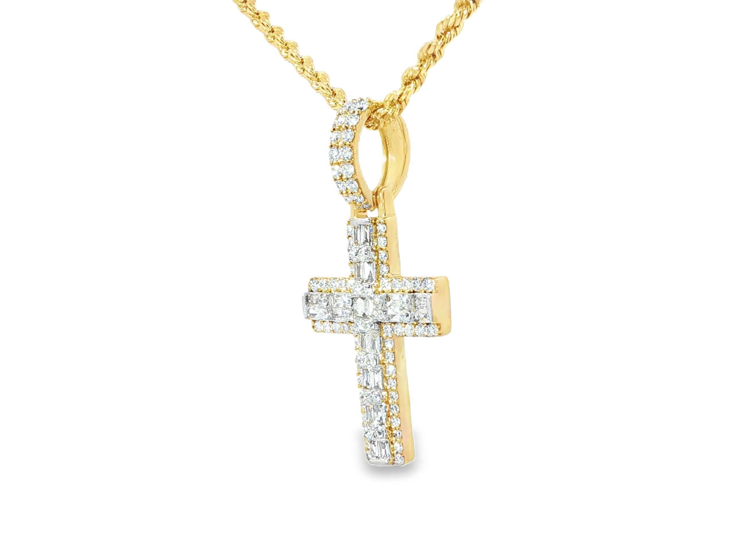 10k Gold Diamond Cross Pendant with Baguette Core 1.30ct