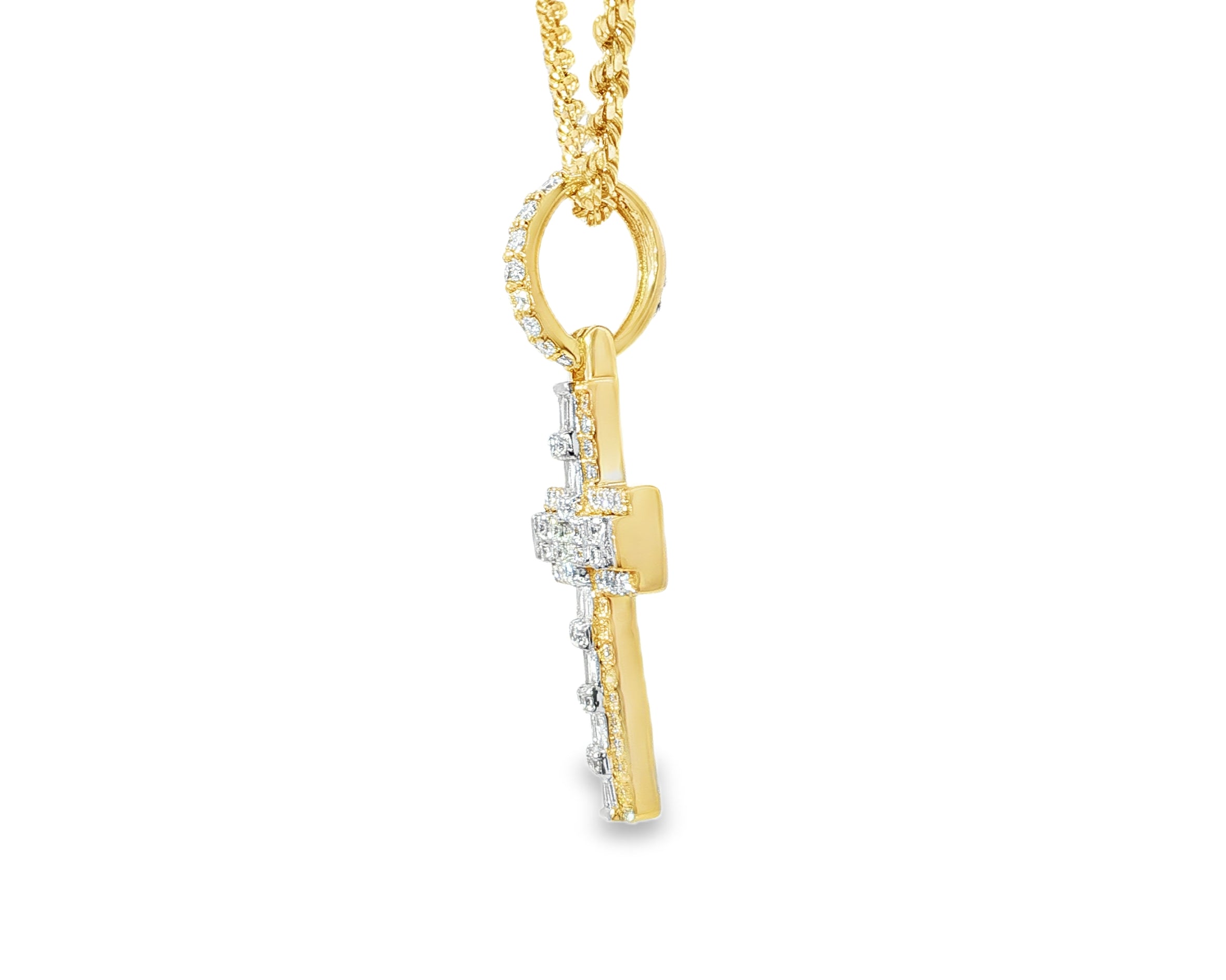 10k Gold Diamond Cross Pendant with Baguette Core 1.30ct