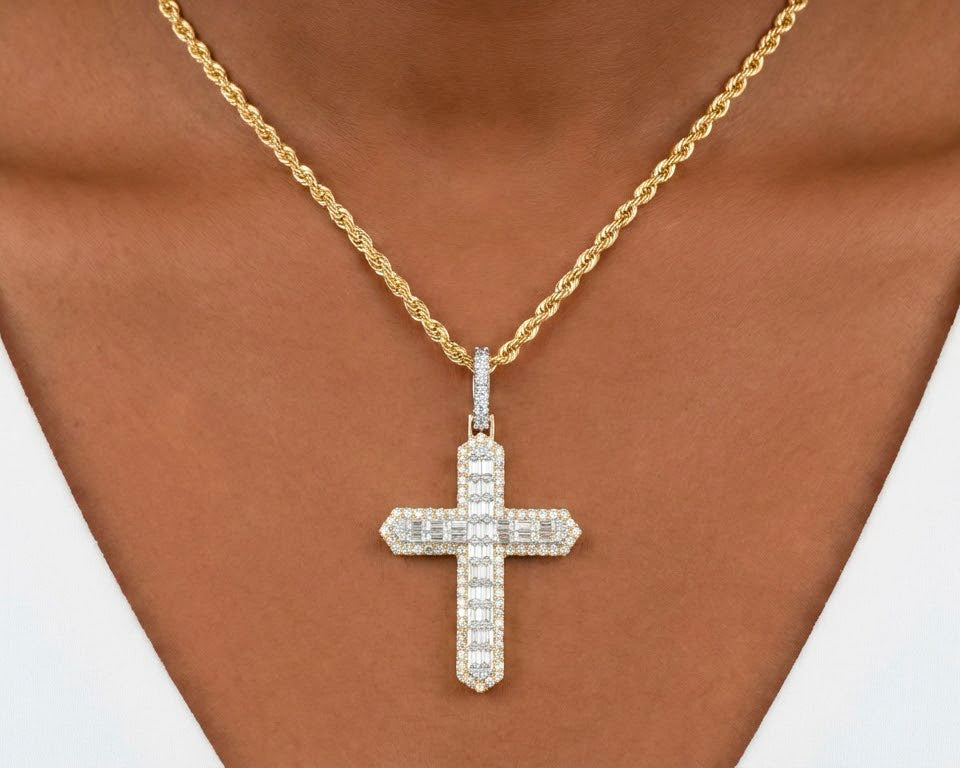 10k Gold Diamond Cross Pendant with Baguette & Round Design 1.75ct