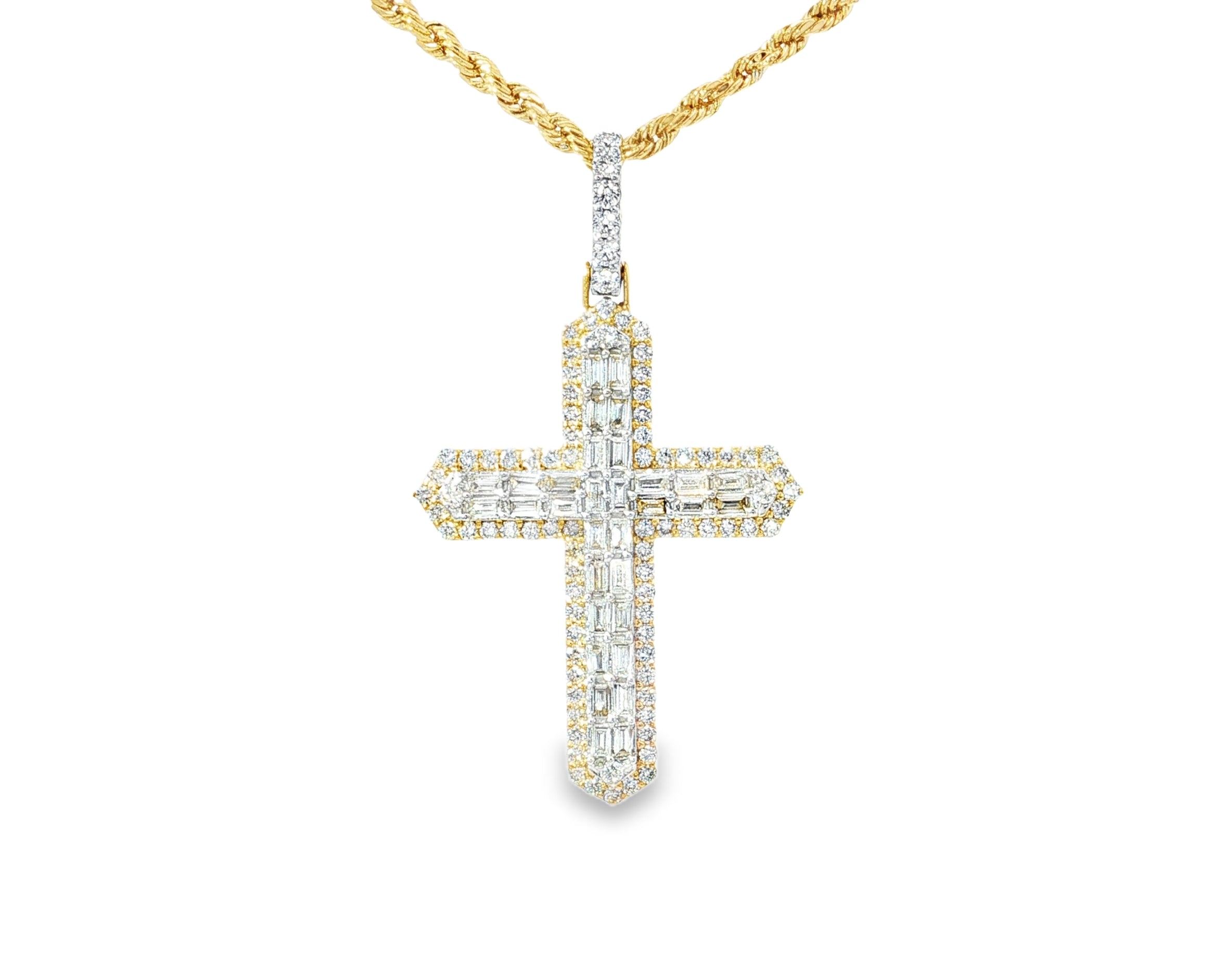 10k Gold Diamond Cross Pendant with Baguette & Round Design 1.75ct