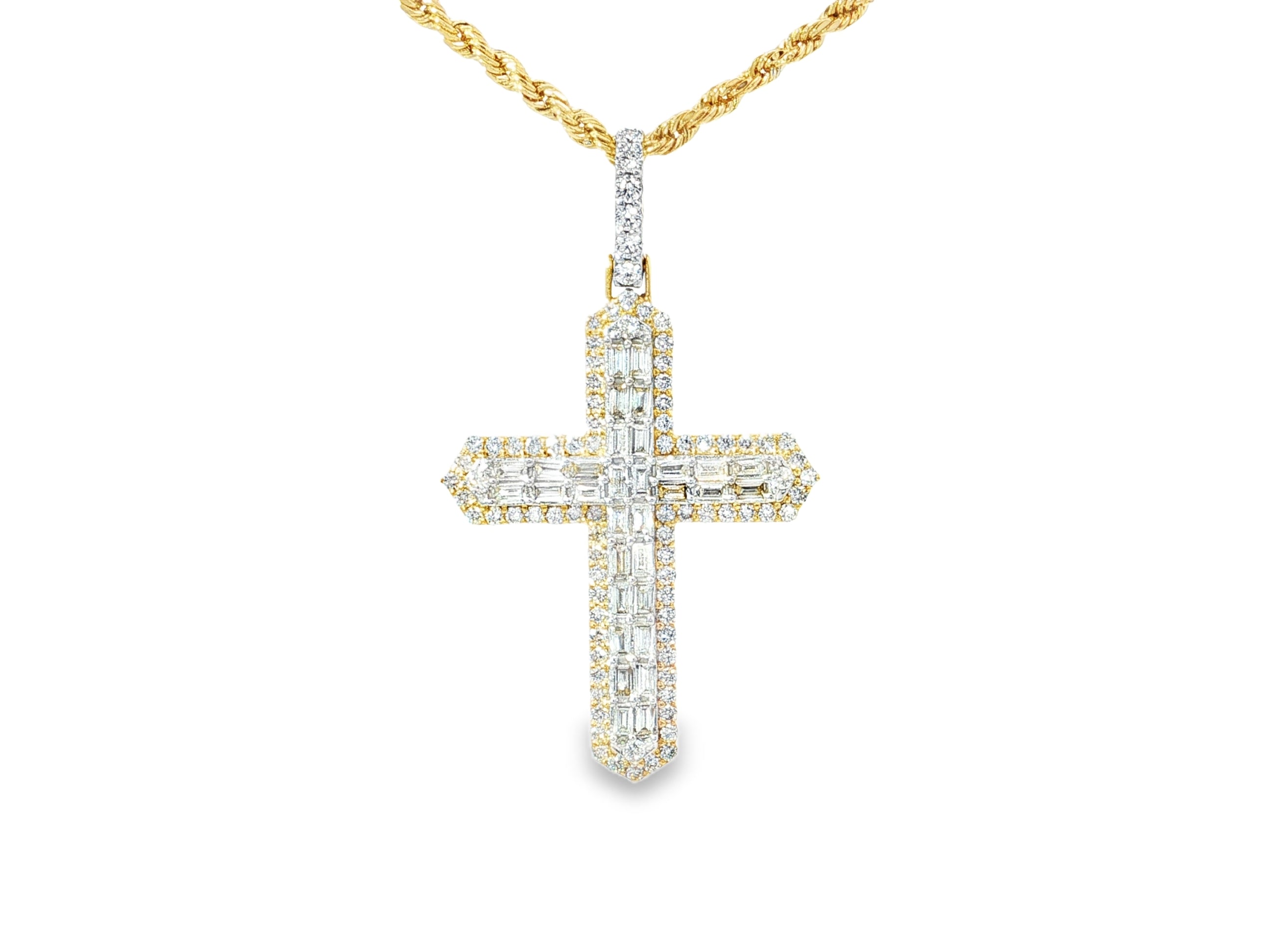 10k Gold Diamond Cross Pendant with Baguette & Round Design 1.75ct