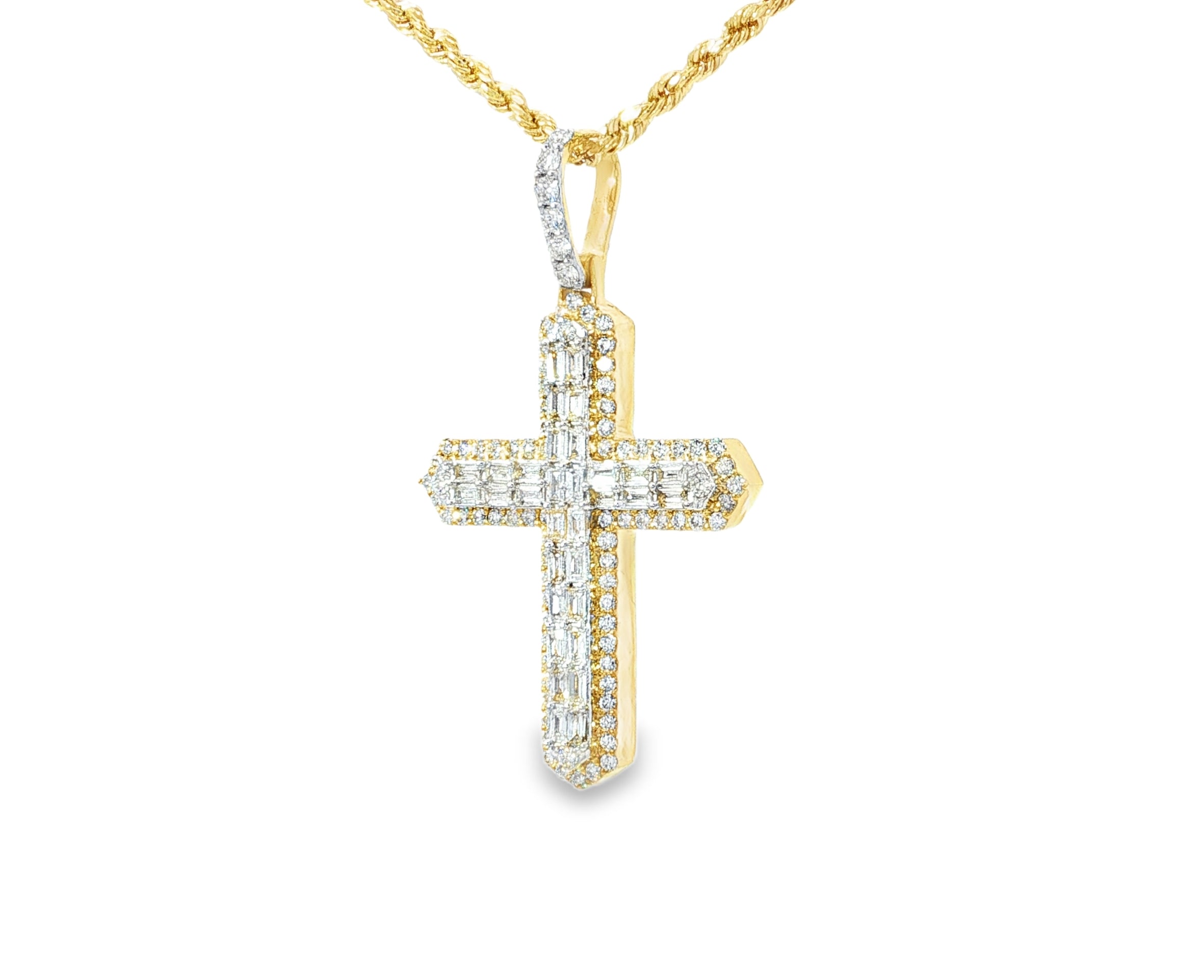 10k Gold Diamond Cross Pendant with Baguette & Round Design 1.75ct