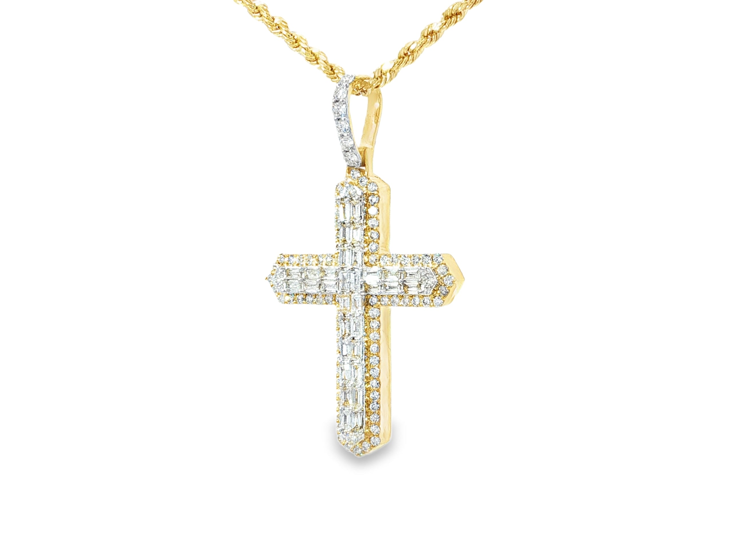 10k Gold Diamond Cross Pendant with Baguette & Round Design 1.75ct