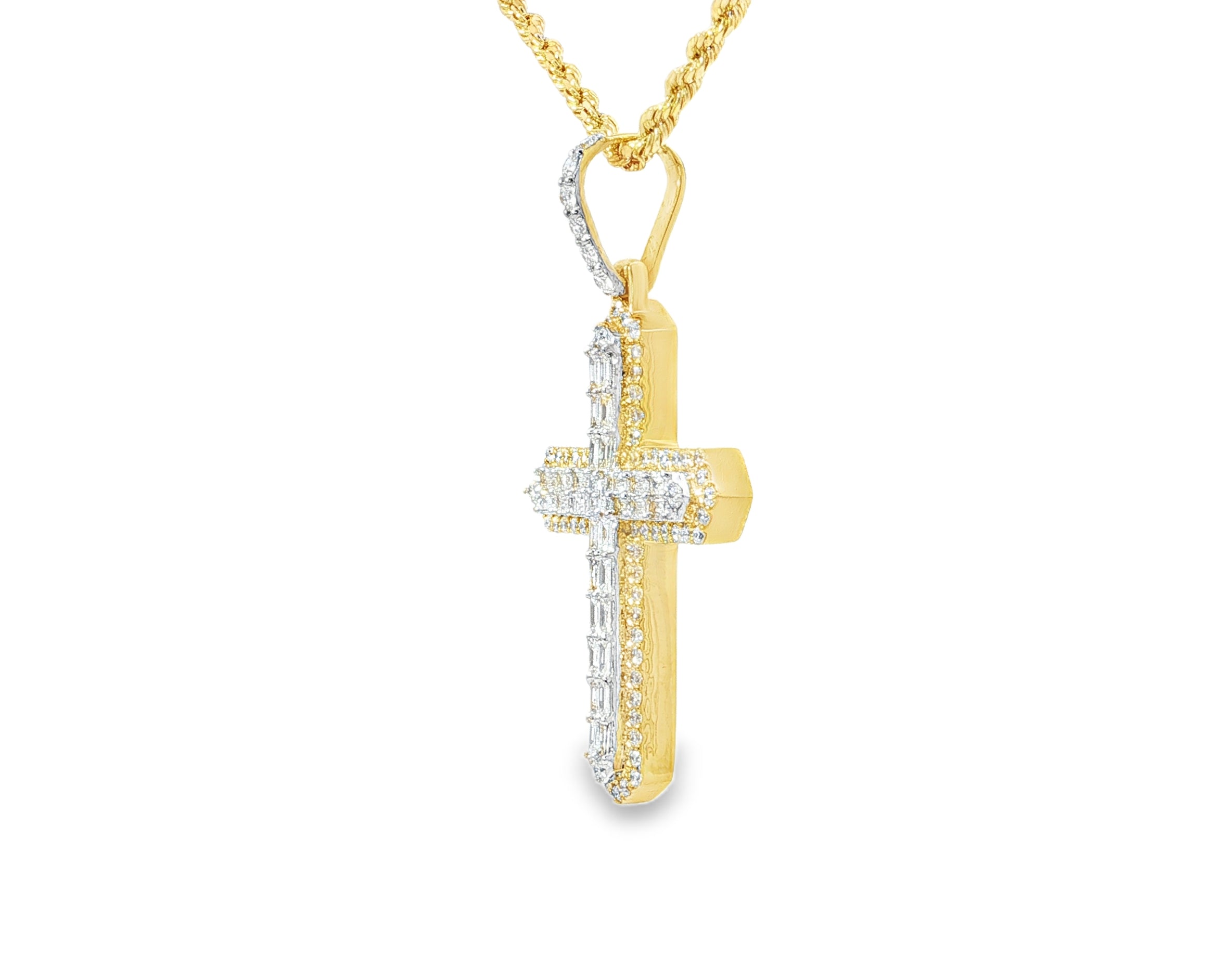 10k Gold Diamond Cross Pendant with Baguette & Round Design 1.75ct