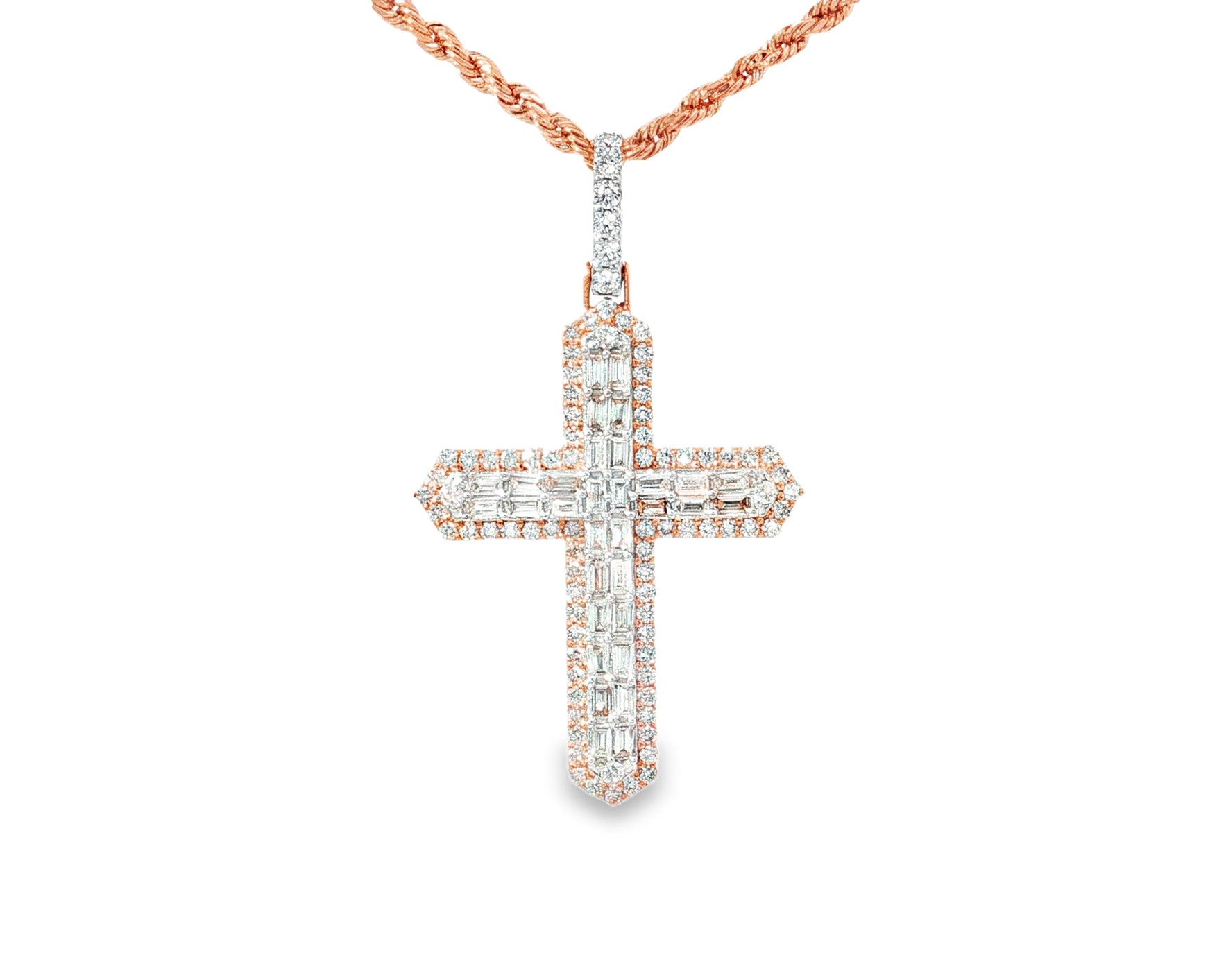 10k Gold Diamond Cross Pendant with Baguette & Round Design 1.75ct