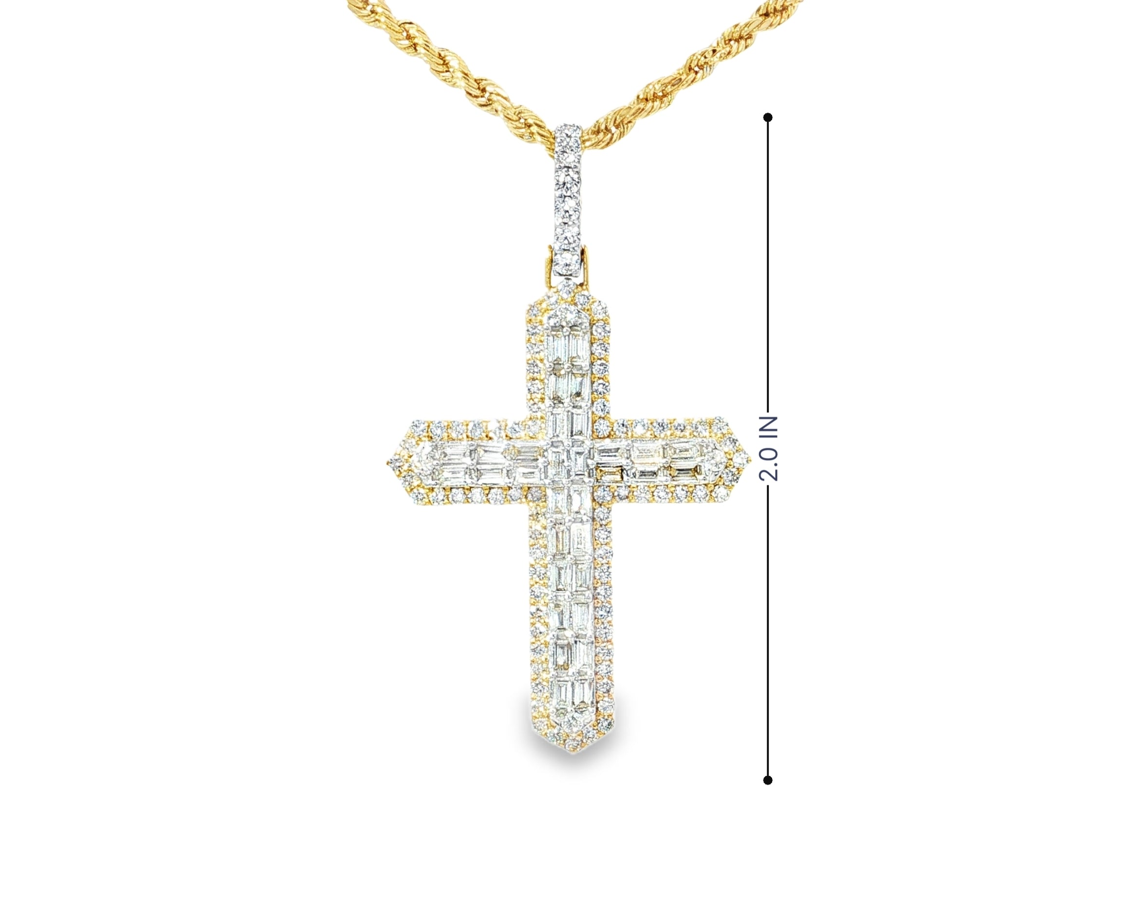 10k Gold Diamond Cross Pendant with Baguette & Round Design 1.75ct