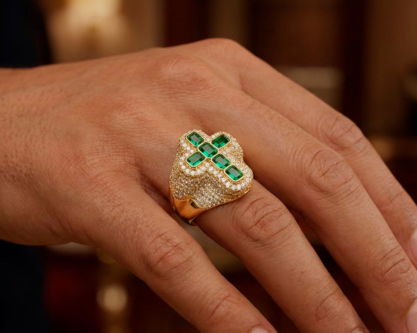 10k Gold Diamond Cross Ring with Emerald-Cut Green Stones 2.29 CT