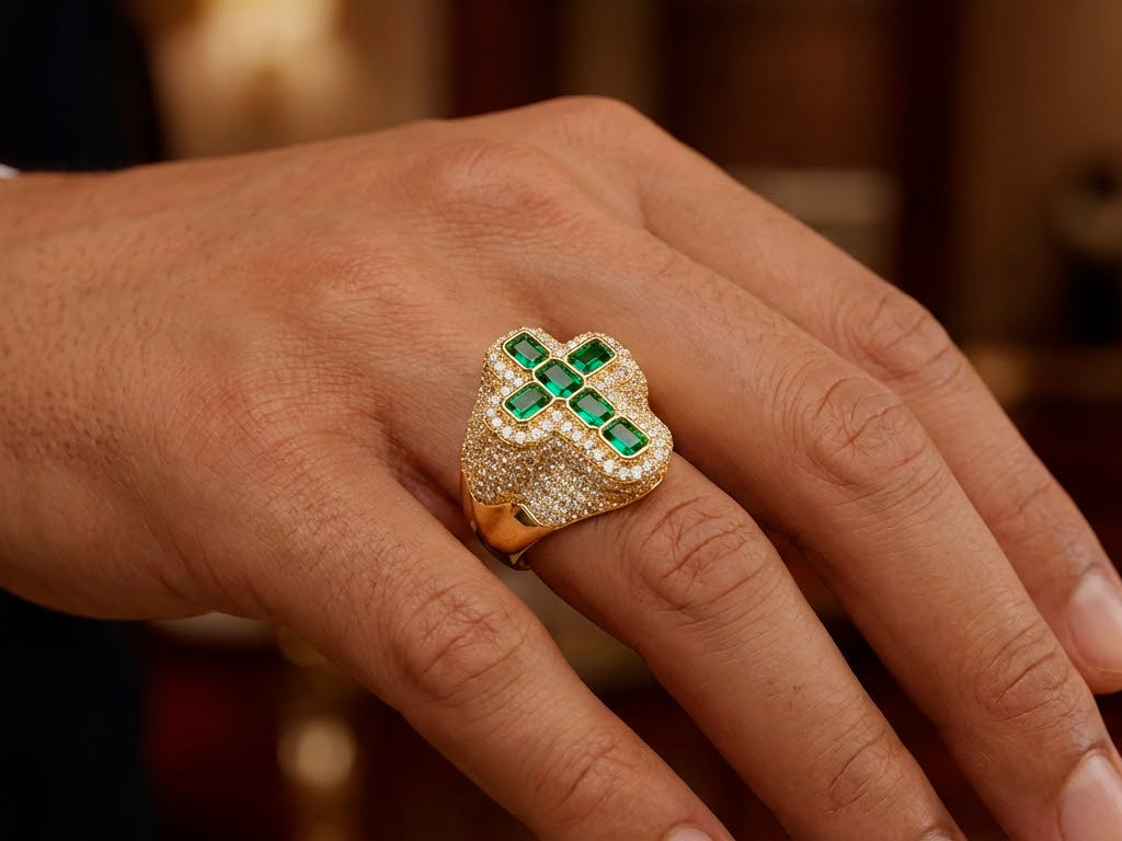 10k Gold Diamond Cross Ring with Emerald-Cut Green Stones 2.29 CT