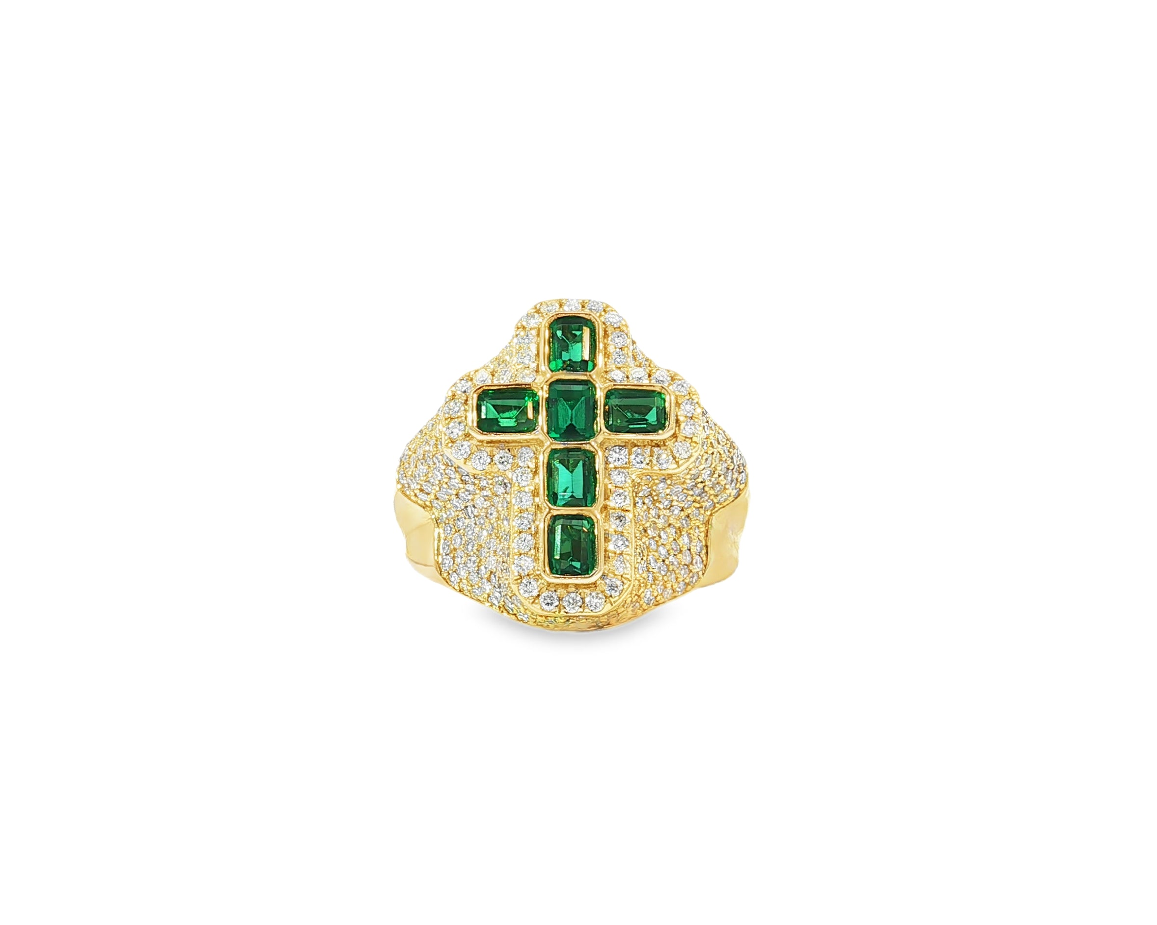 10k Gold Diamond Cross Ring with Emerald-Cut Green Stones 2.29 CT
