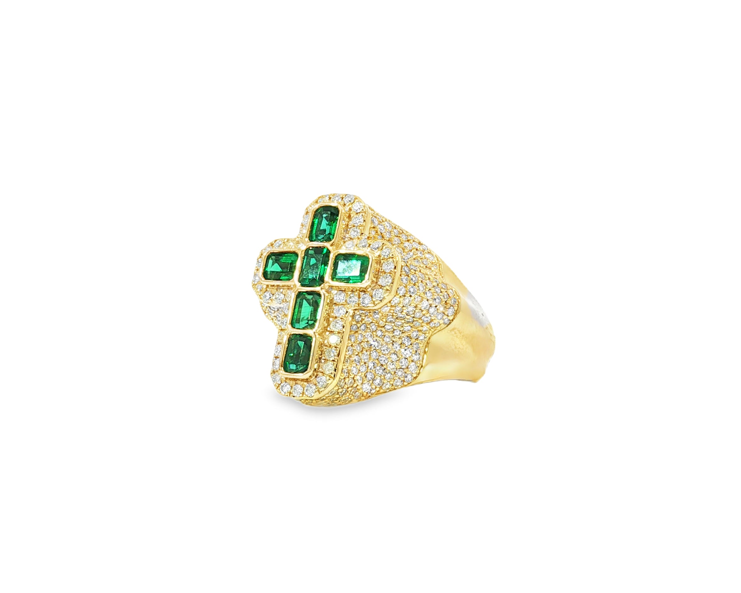 10k Gold Diamond Cross Ring with Emerald-Cut Green Stones 2.29 CT