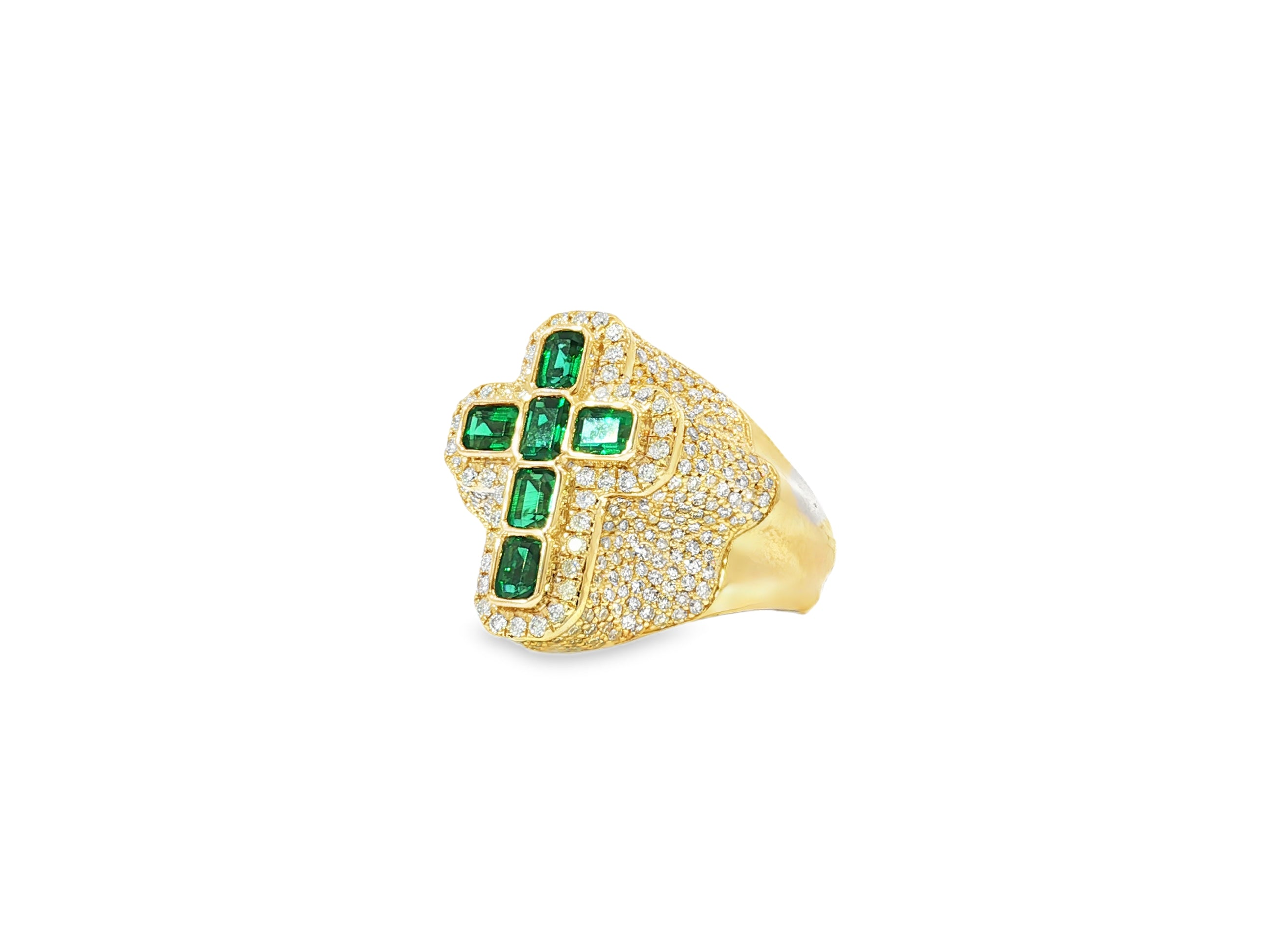 10k Gold Diamond Cross Ring with Emerald-Cut Green Stones 2.29 CT