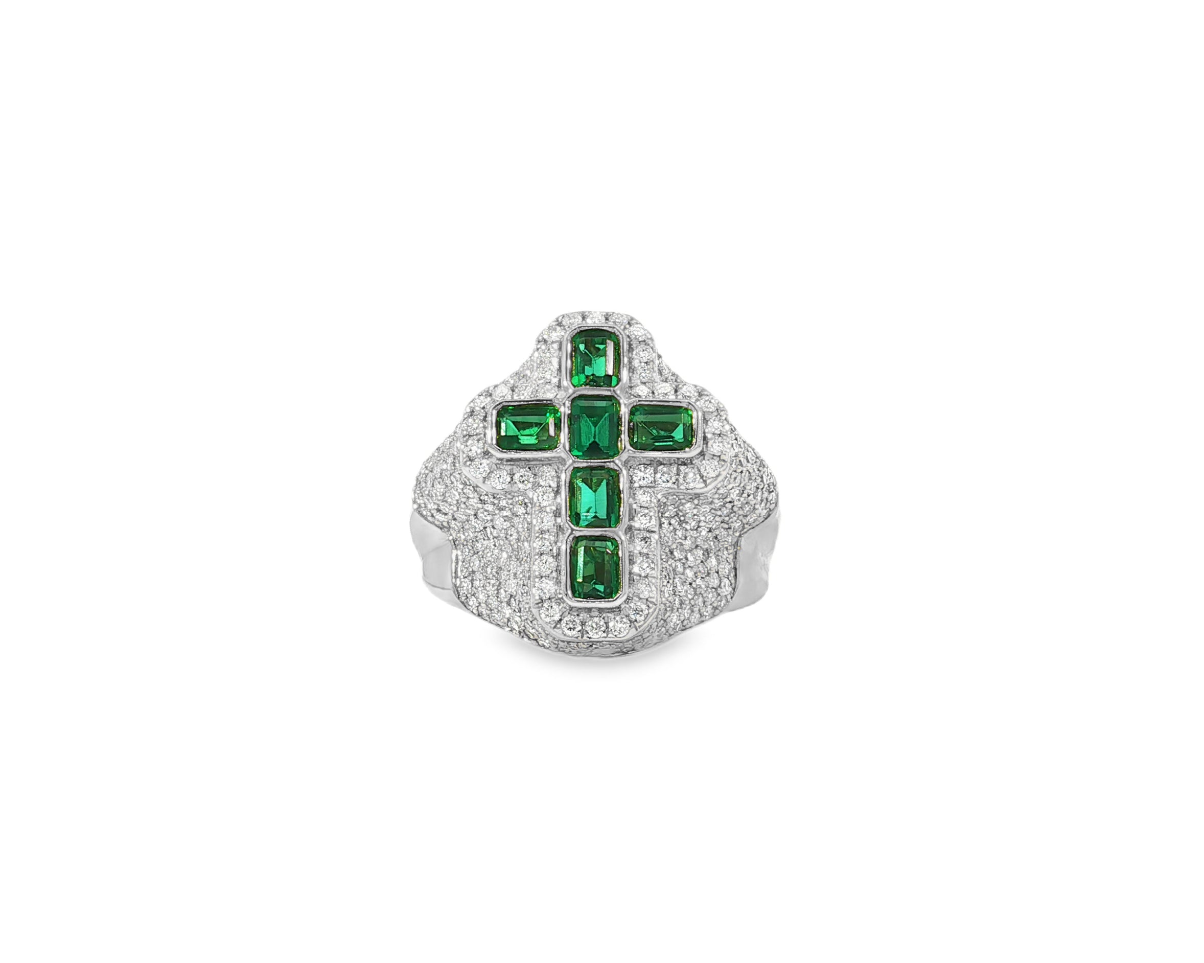 10k Gold Diamond Cross Ring with Emerald-Cut Green Stones 2.29 CT
