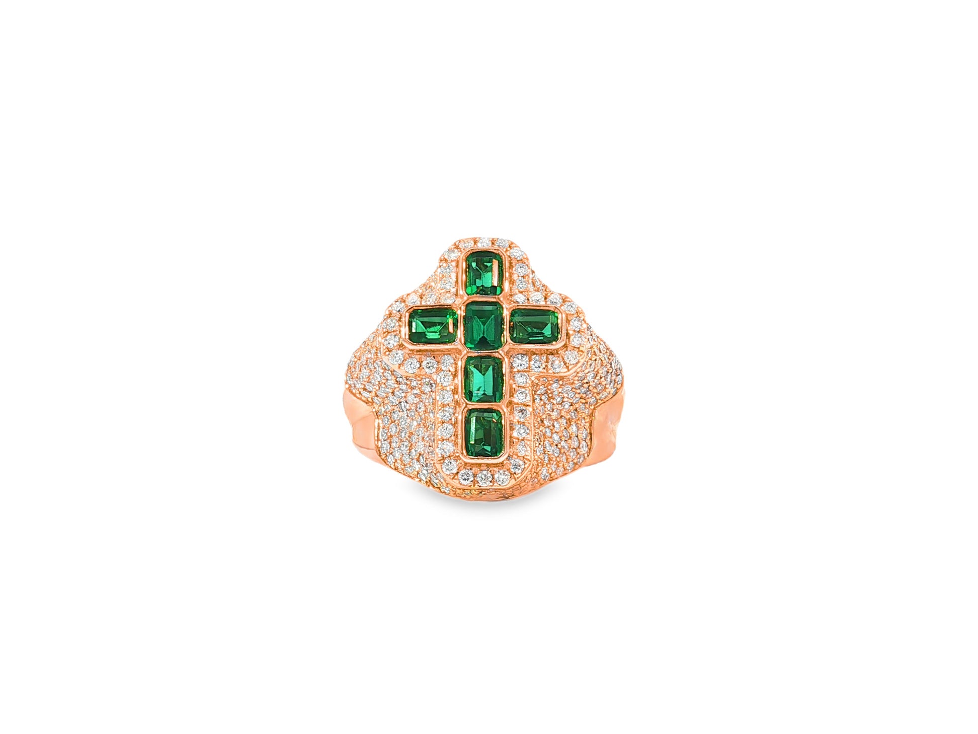 10k Gold Diamond Cross Ring with Emerald-Cut Green Stones 2.29 CT