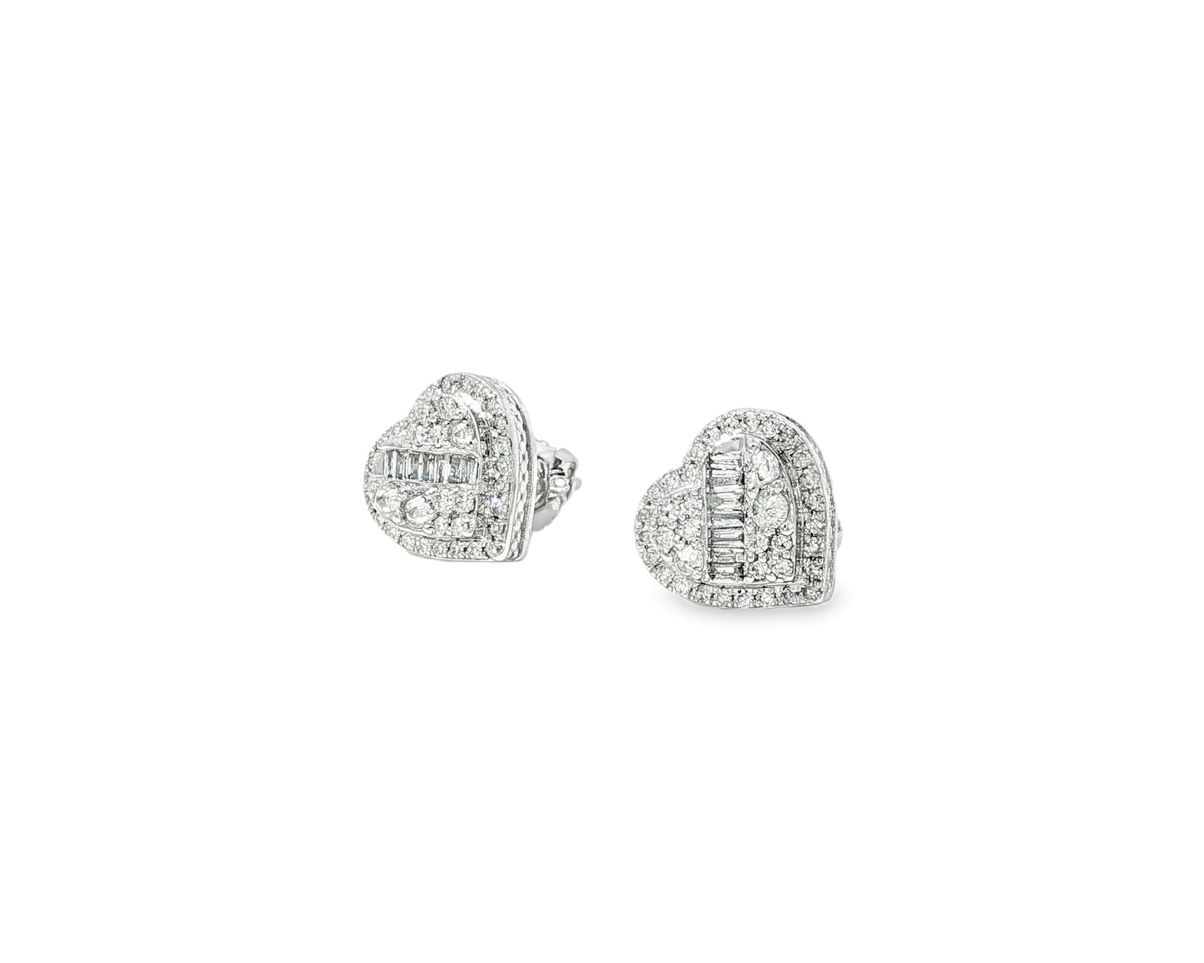 10K Gold Diamond Heart Stud Earrings with Baguette Accents 0.50 CT