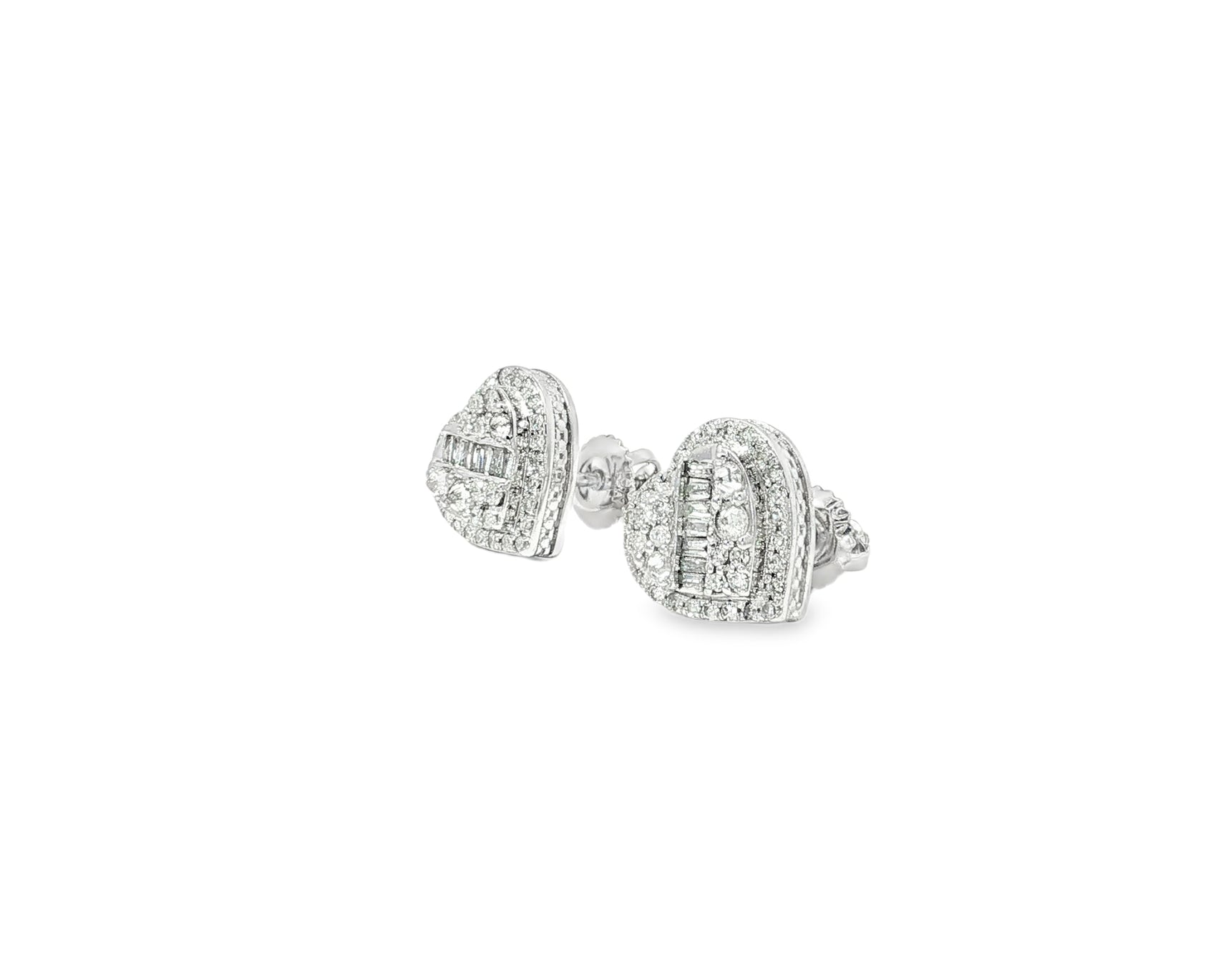 10K Gold Diamond Heart Stud Earrings with Baguette Accents 0.50 CT