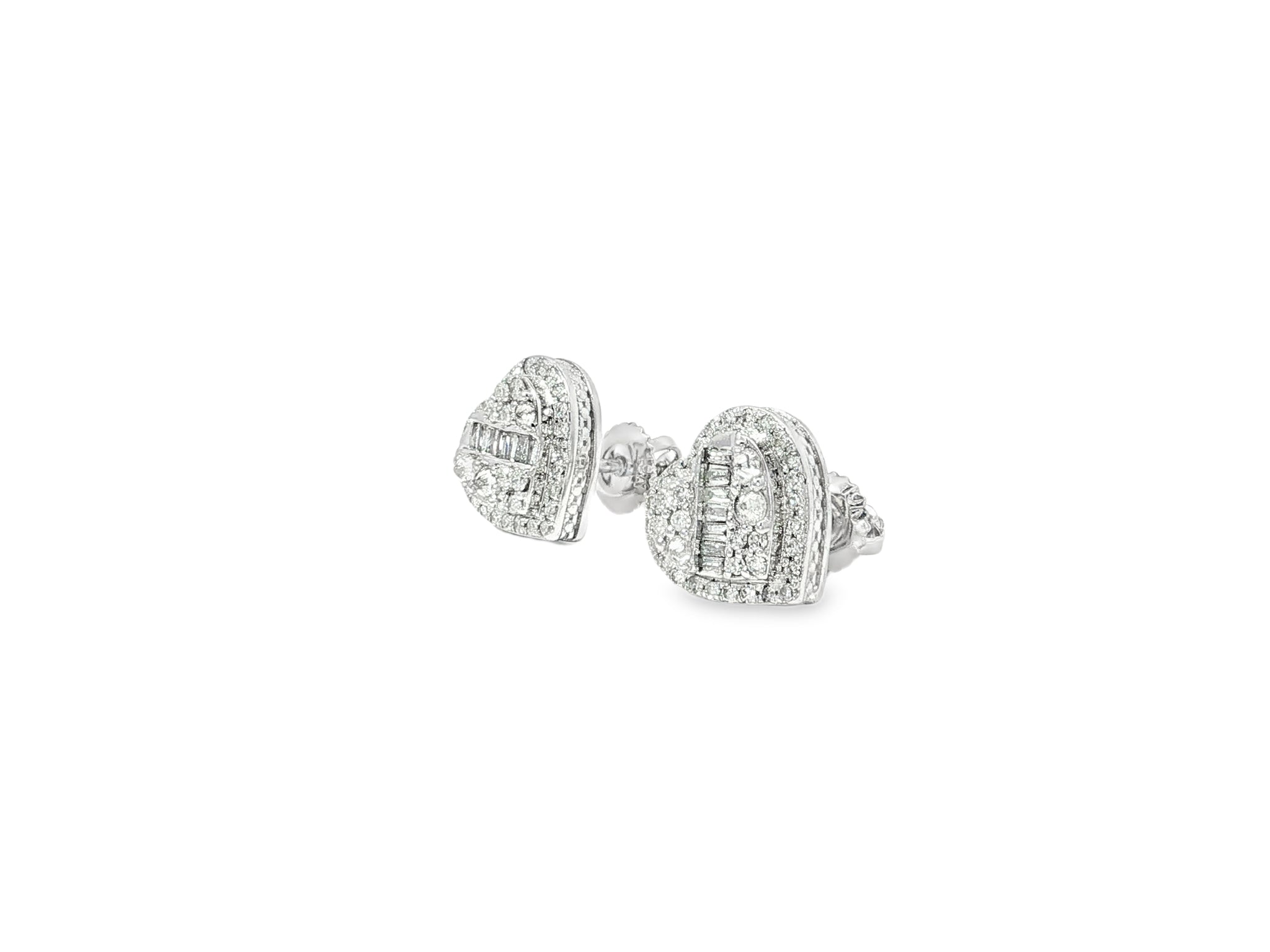 10K Gold Diamond Heart Stud Earrings with Baguette Accents 0.50 CT